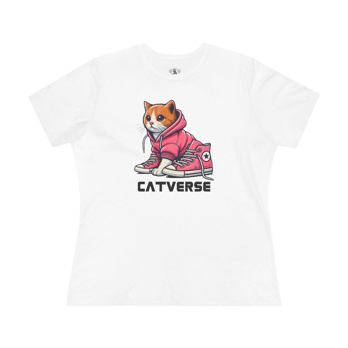 Catverse Hoodie Kicks Cat Graphic Women's T-Shirt in white, flat lay