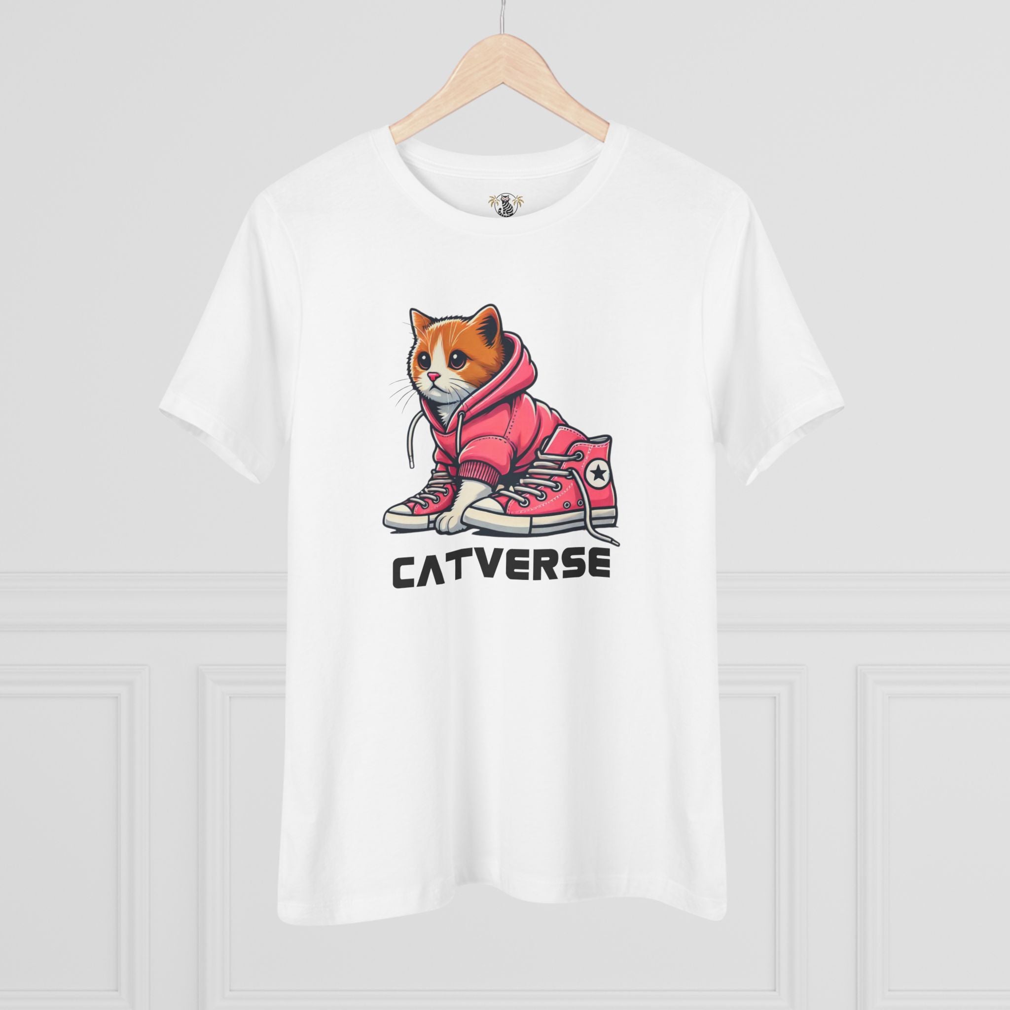 Catverse Hoodie Kicks Cat Graphic Women's T-Shirt in white, on a hanger