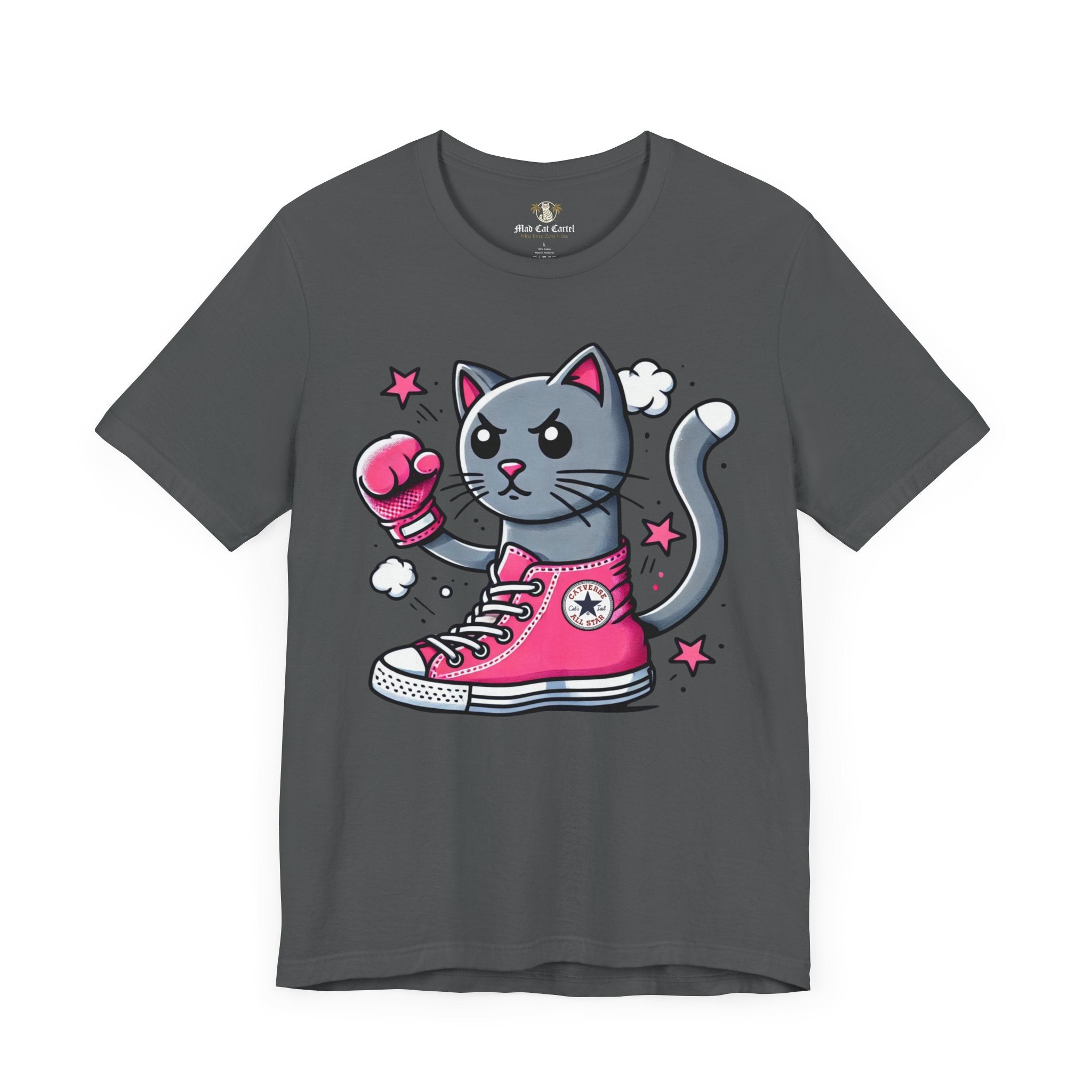 asphalt gray Catverse t shirt front view, parody cat lovers tee, cotton graphic print