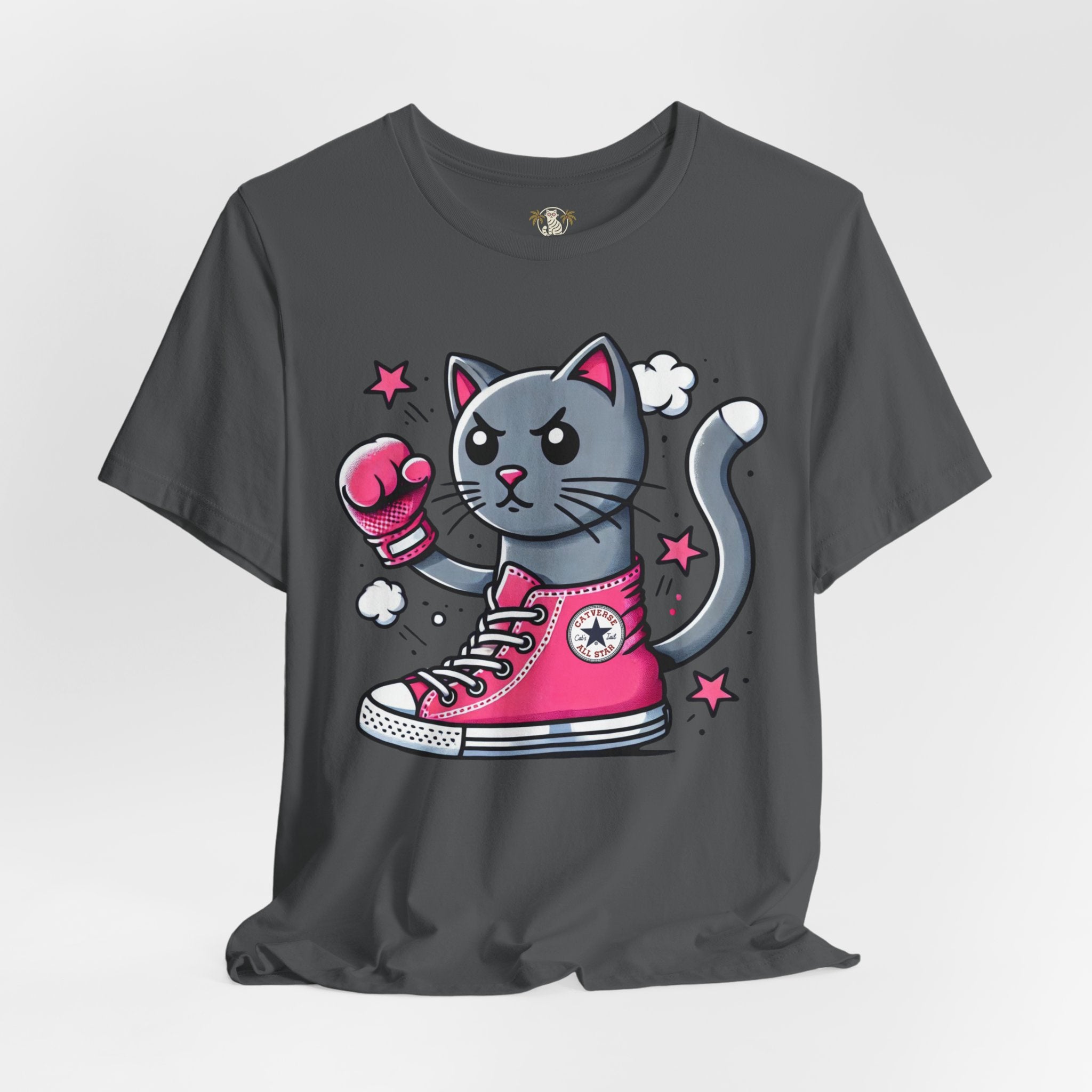 asphalt gray Catverse t shirt, front angle studio photo, funny cotton cat tee for women