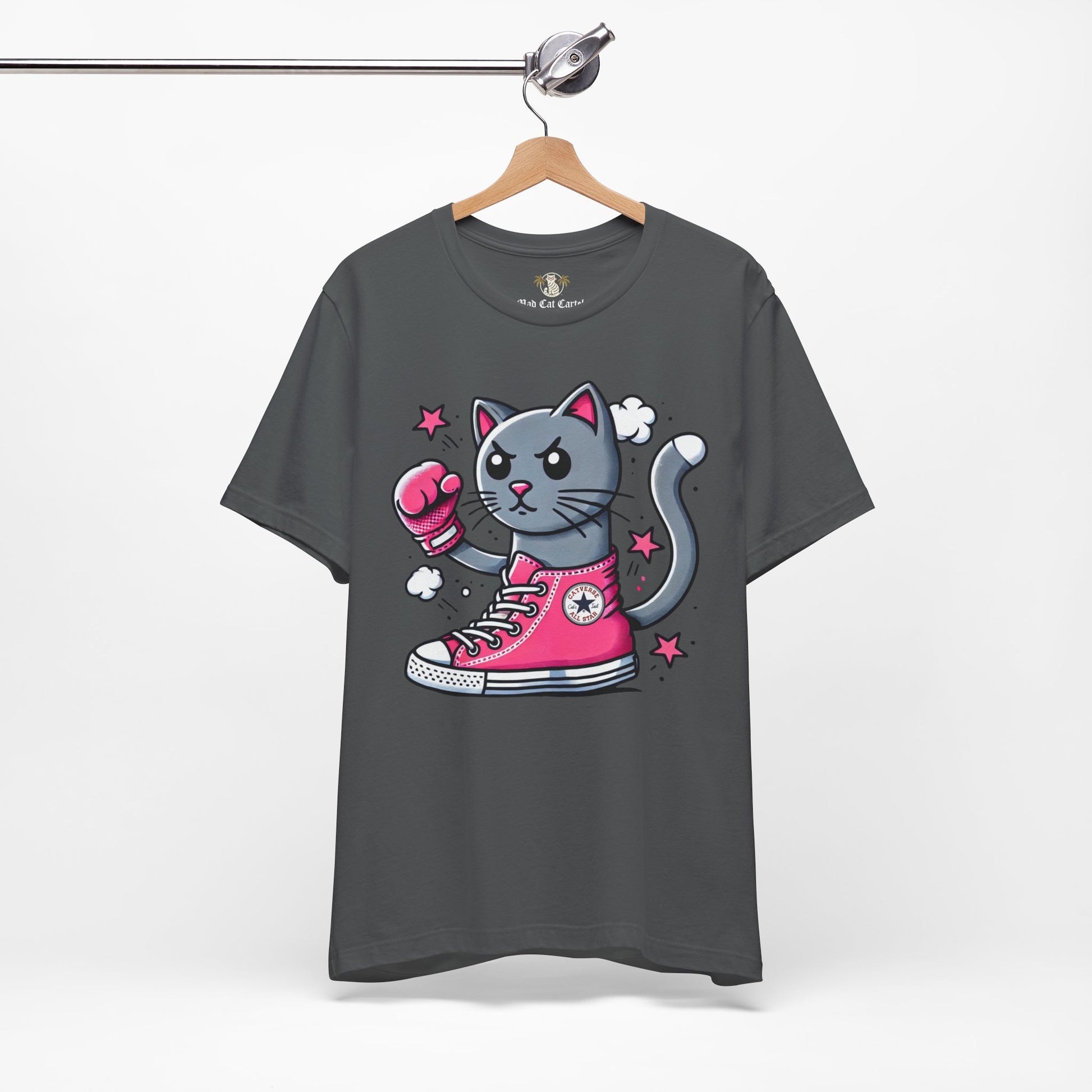 asphalt gray Catverse t shirt on hanger, front angle, funny parody cat tee for women