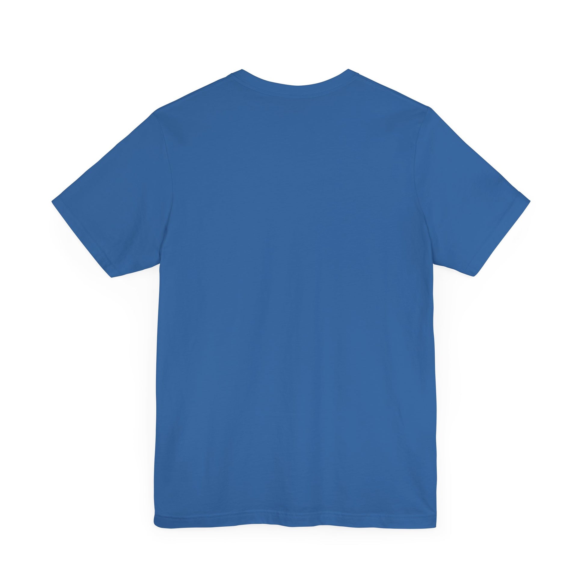 back view of columbia blue Catverse t shirt, cotton parody tee for cat lovers