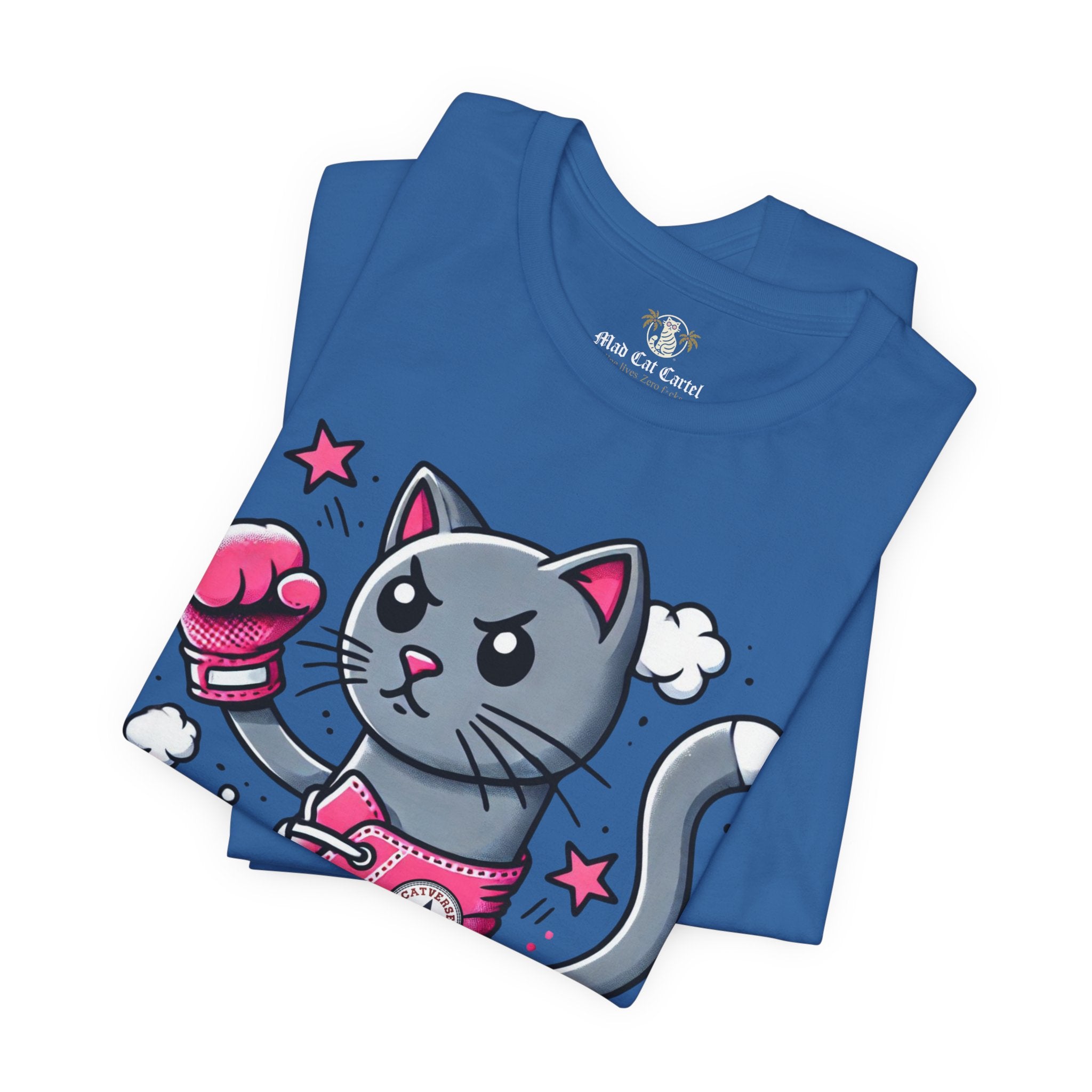folded columbia blue Catverse t shirts, close up of knockout cat graphic, cotton cat lovers tee