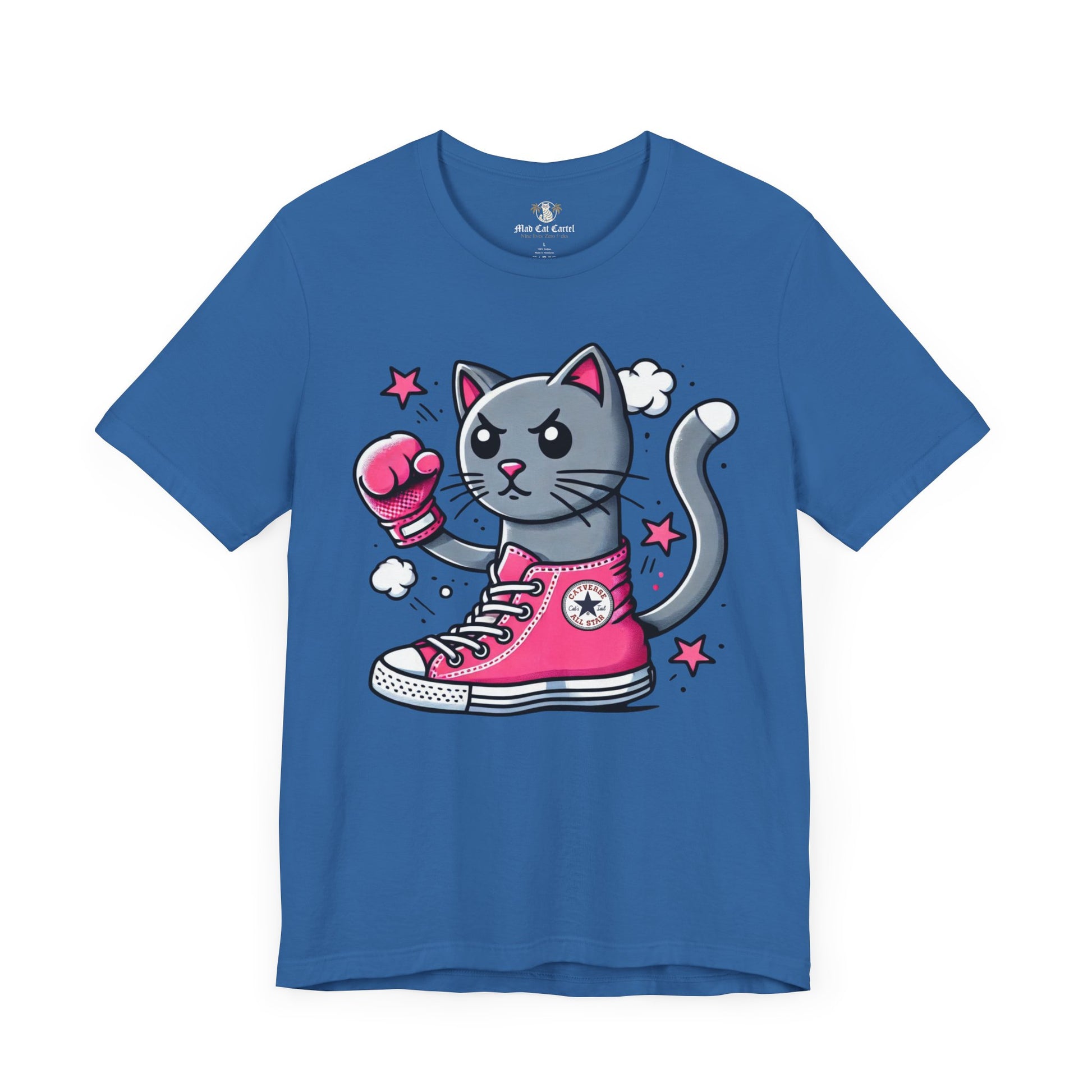 columbia blue Catverse t shirt front view, parody cat graphic tee, funny cat shirt for women