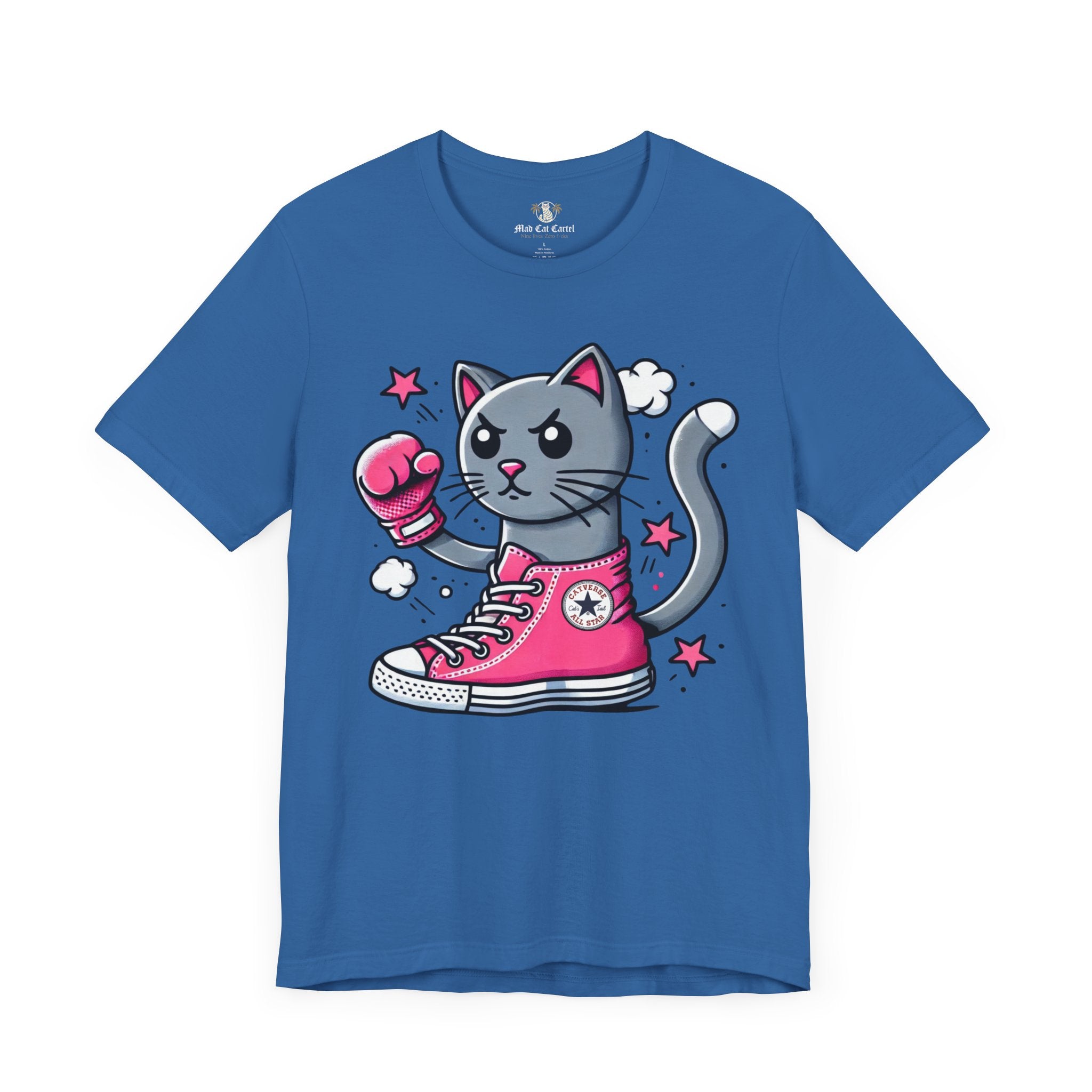 columbia blue Catverse t shirt front view, parody cat graphic tee, funny cat shirt for women