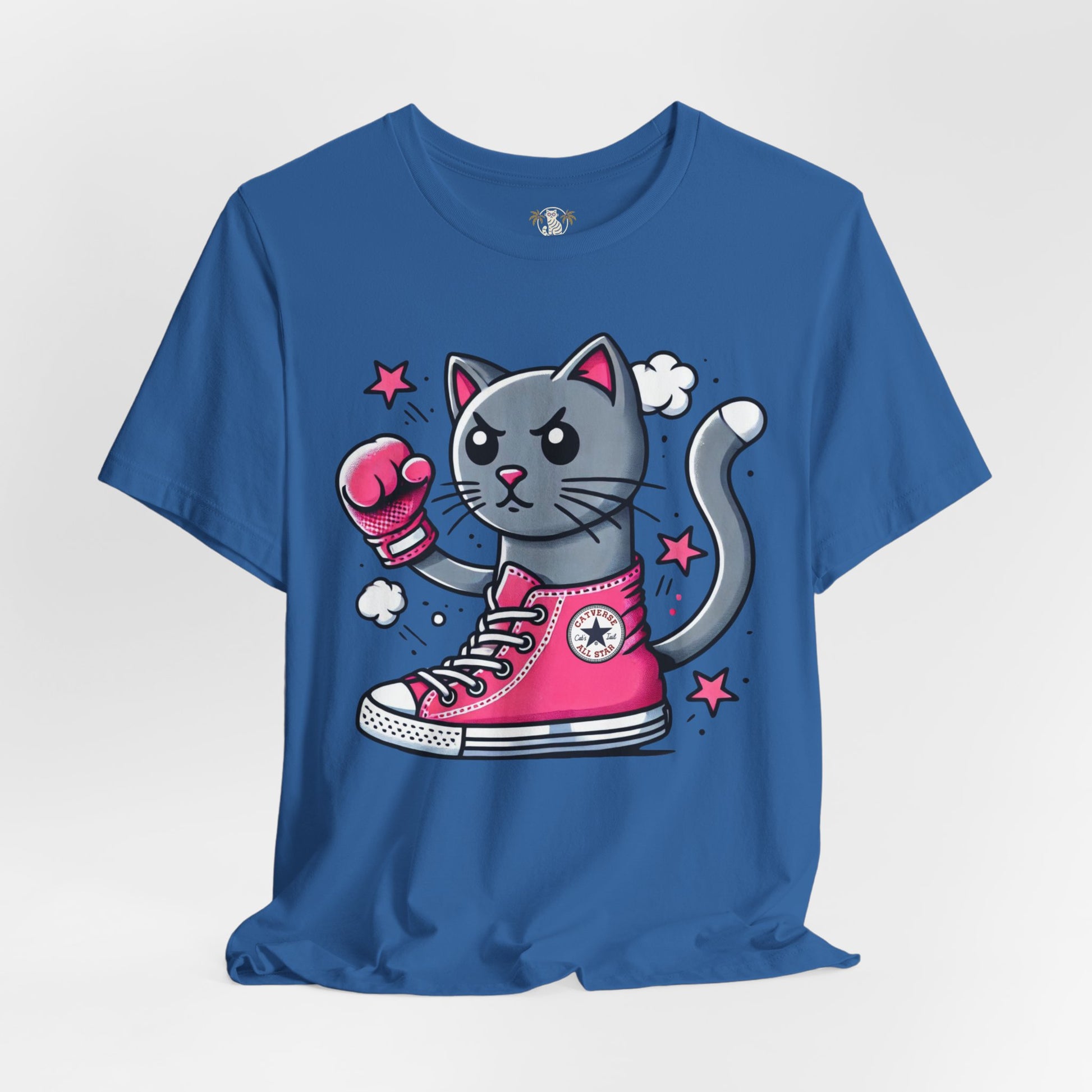 columbia blue Catverse t shirt studio photo front view, casual cotton parody tee for cat lovers