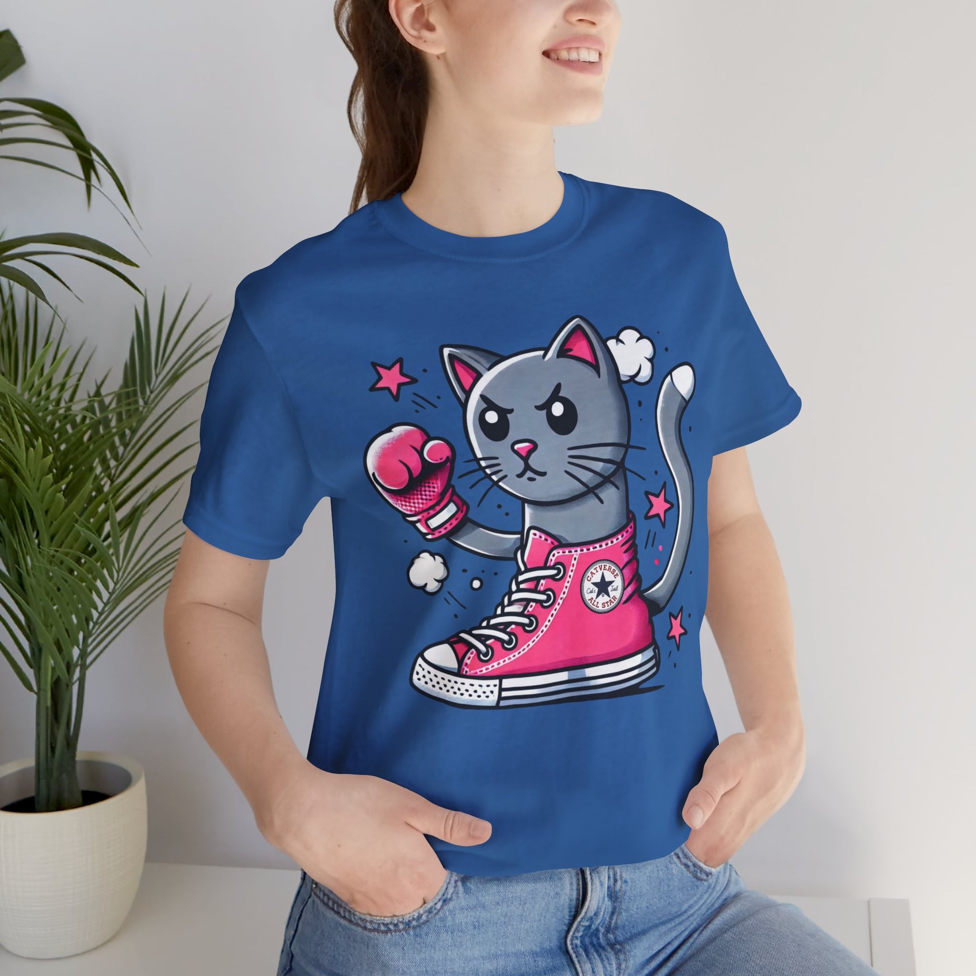 female model wearing columbia blue Catverse t shirt, funny cat tee for women