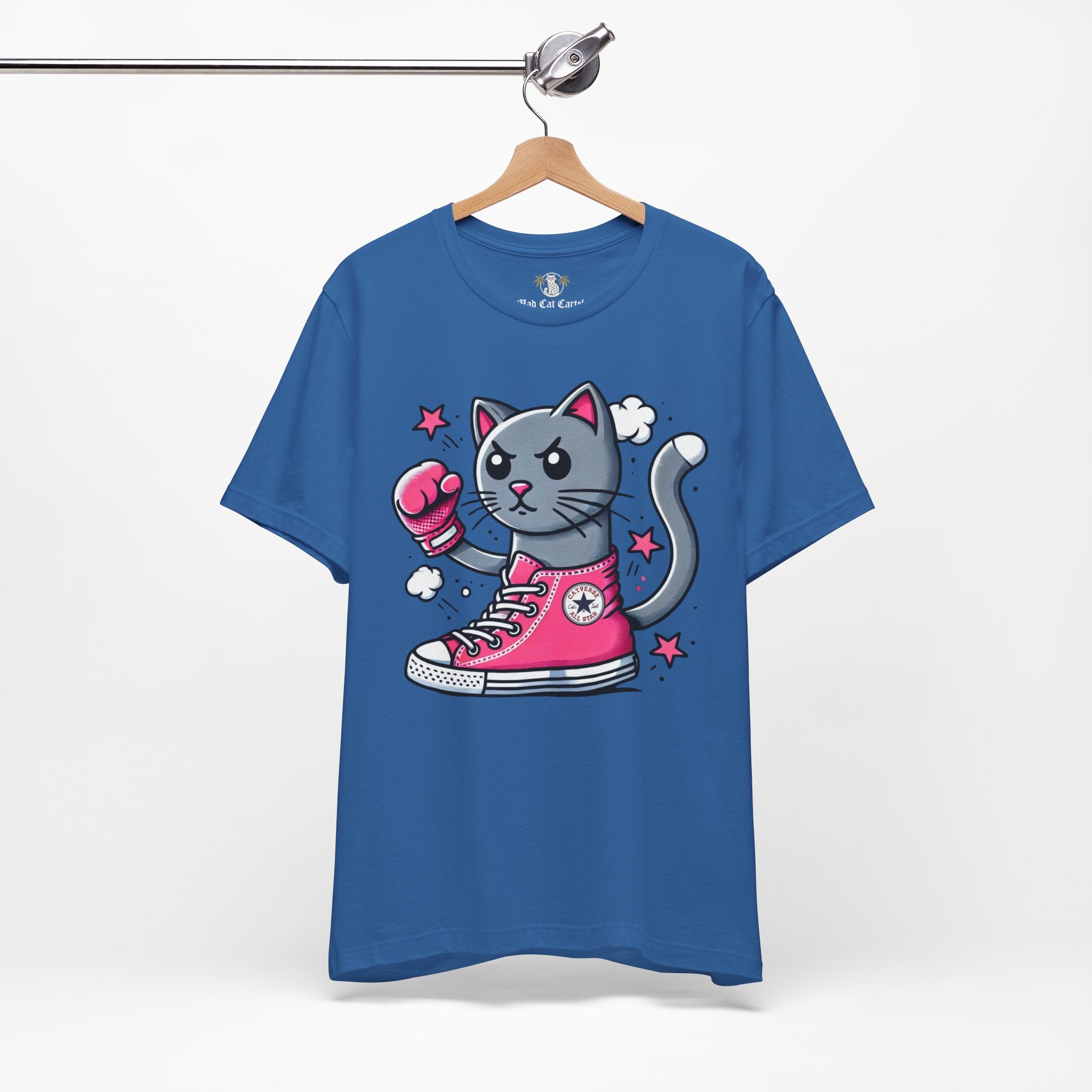 columbia blue Catverse t shirt on hanger, front angle, funny cat t shirt for women