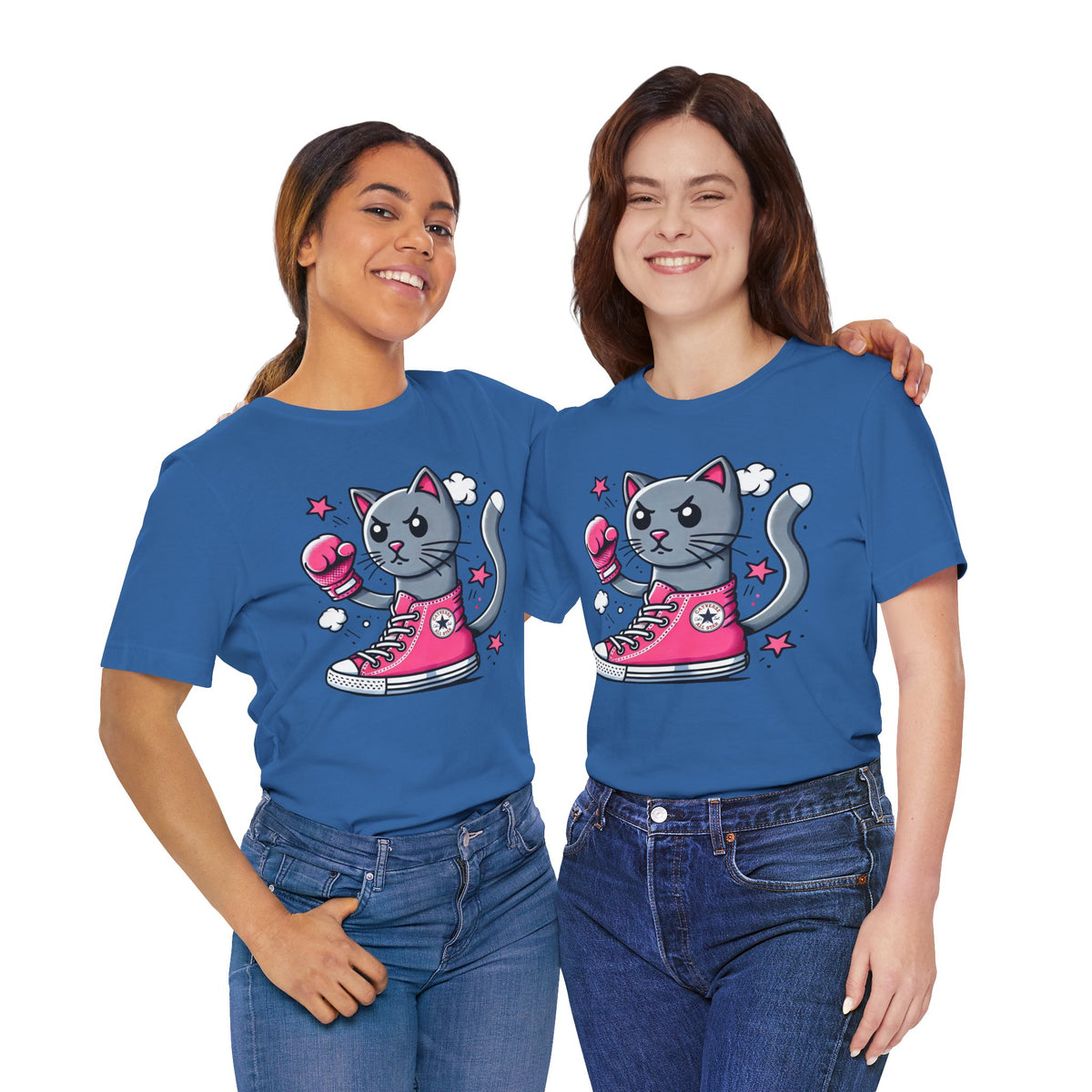 Catverse Knockout Cat Graphic Parody T-Shirt in columbia blue, worn by two models