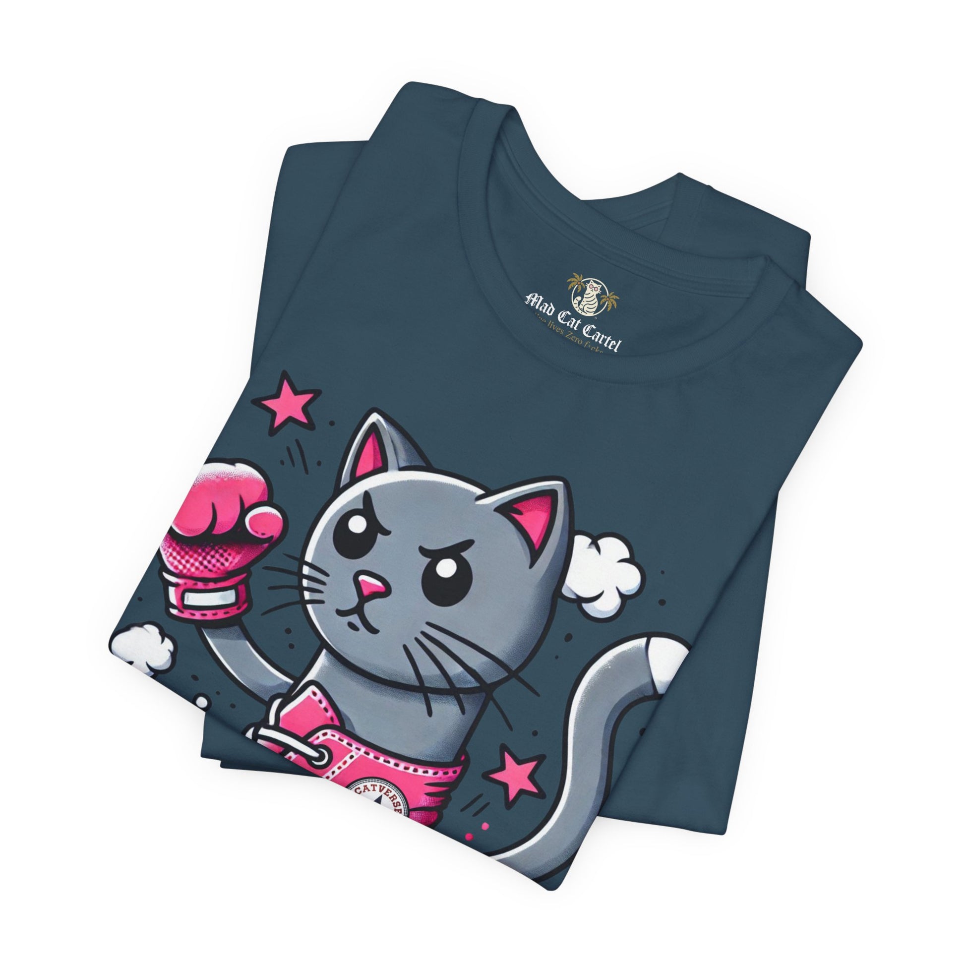 folded deep teal Catverse t shirts, close up of knockout cat graphic, cotton parody tee for cat lovers