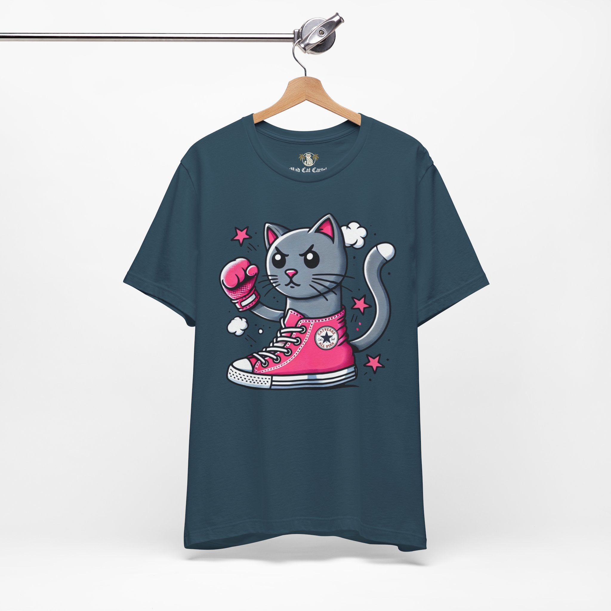 deep teal Catverse t shirt on hanger, front view, funny cat tee for men and women