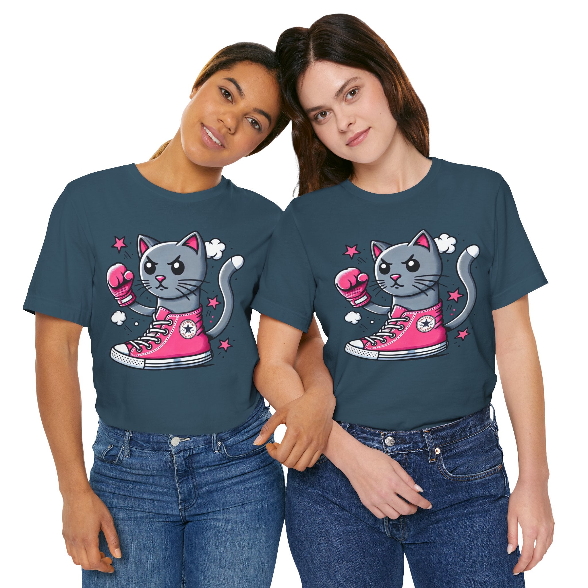 two models wearing deep teal Catverse t shirts, matching parody tees for cat lovers