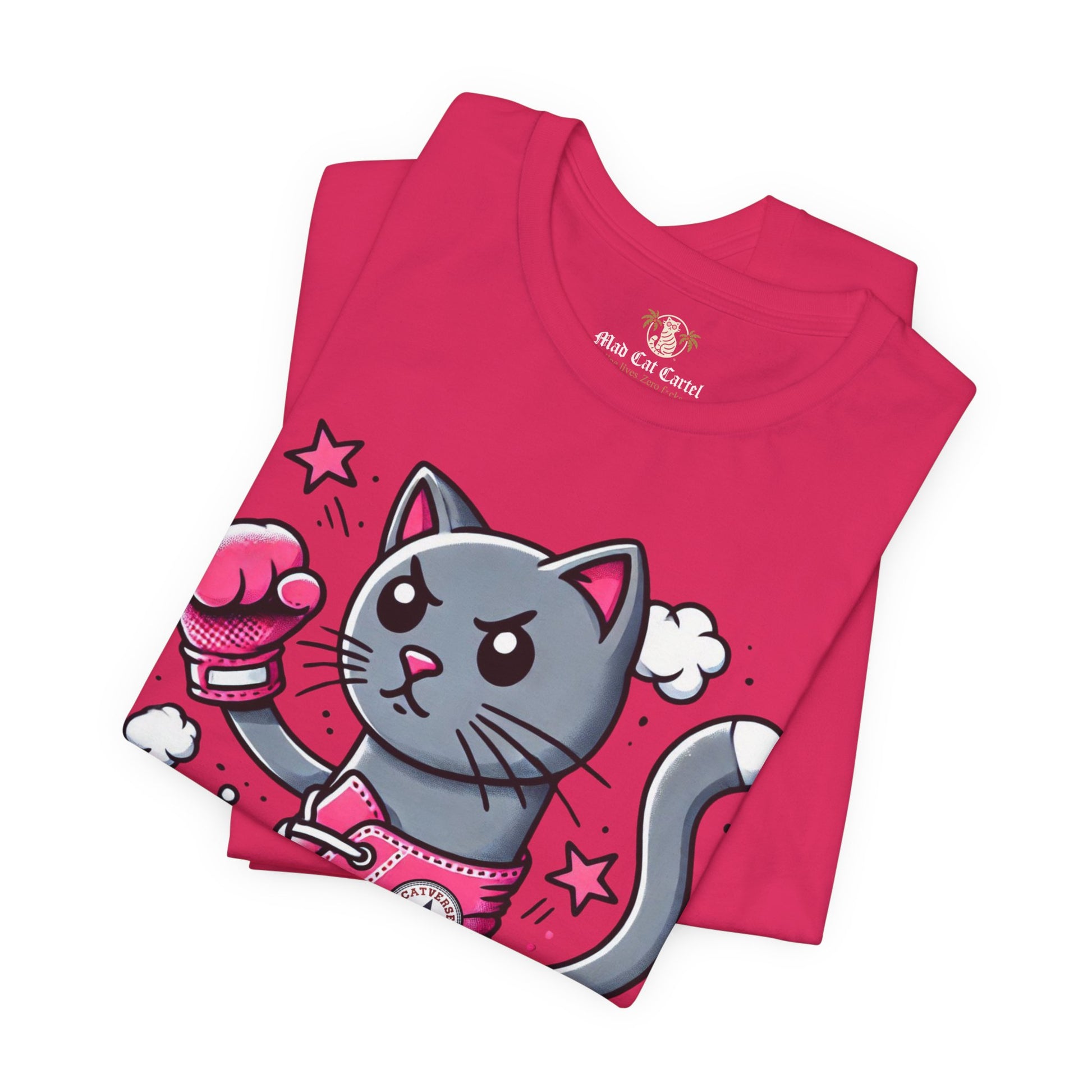 folded fuchsia pink Catverse t shirts, close up design, cotton parody tee for cat lovers