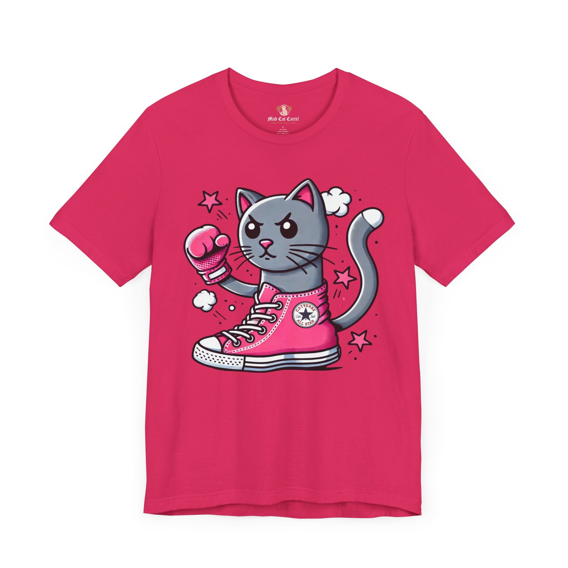 fuchsia pink Catverse t shirt front view, parody cat tee for women, cotton fabric