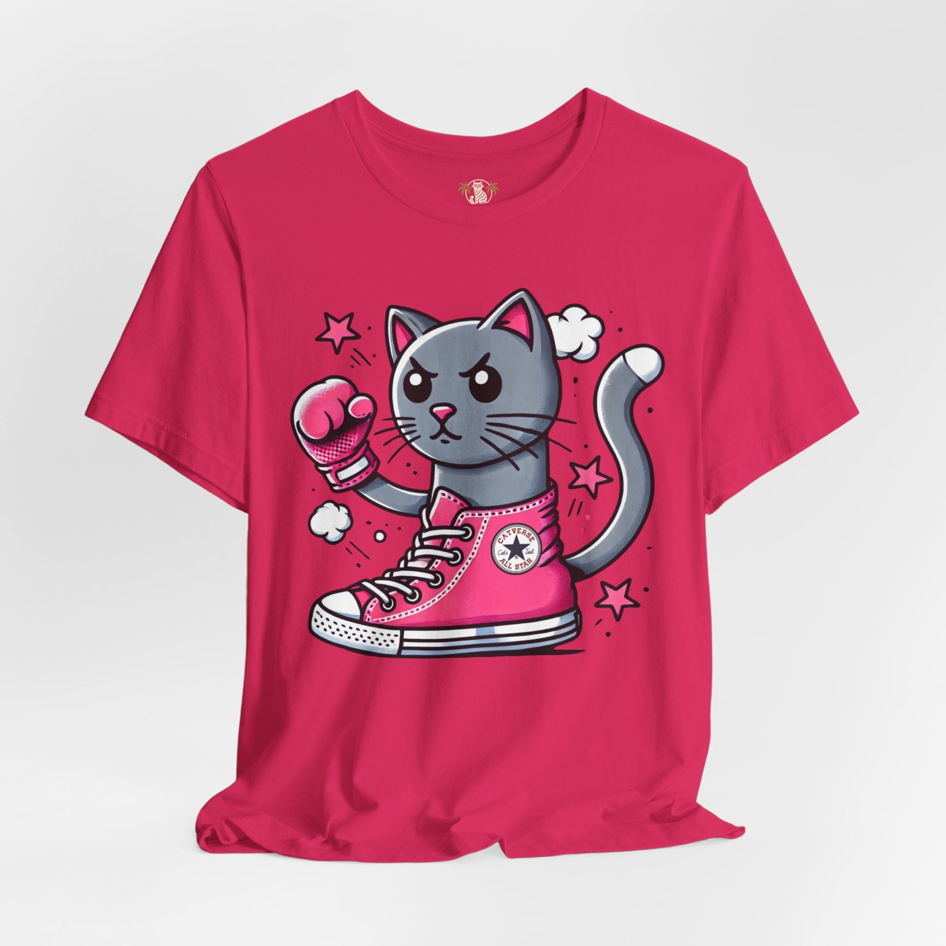 fuchsia pink Catverse t shirt, front view studio photo, cute funny cat tee for ladies