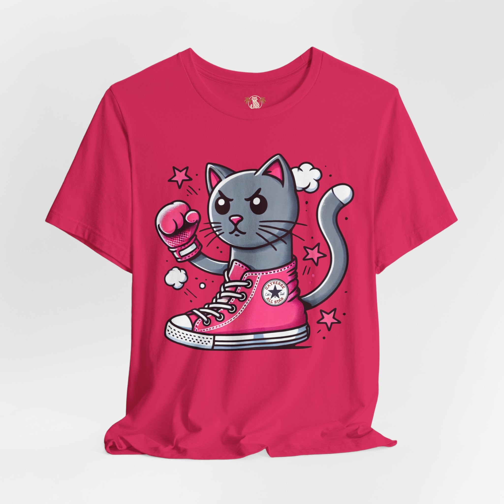 fuchsia pink Catverse t shirt, front view studio photo, cute funny cat tee for ladies
