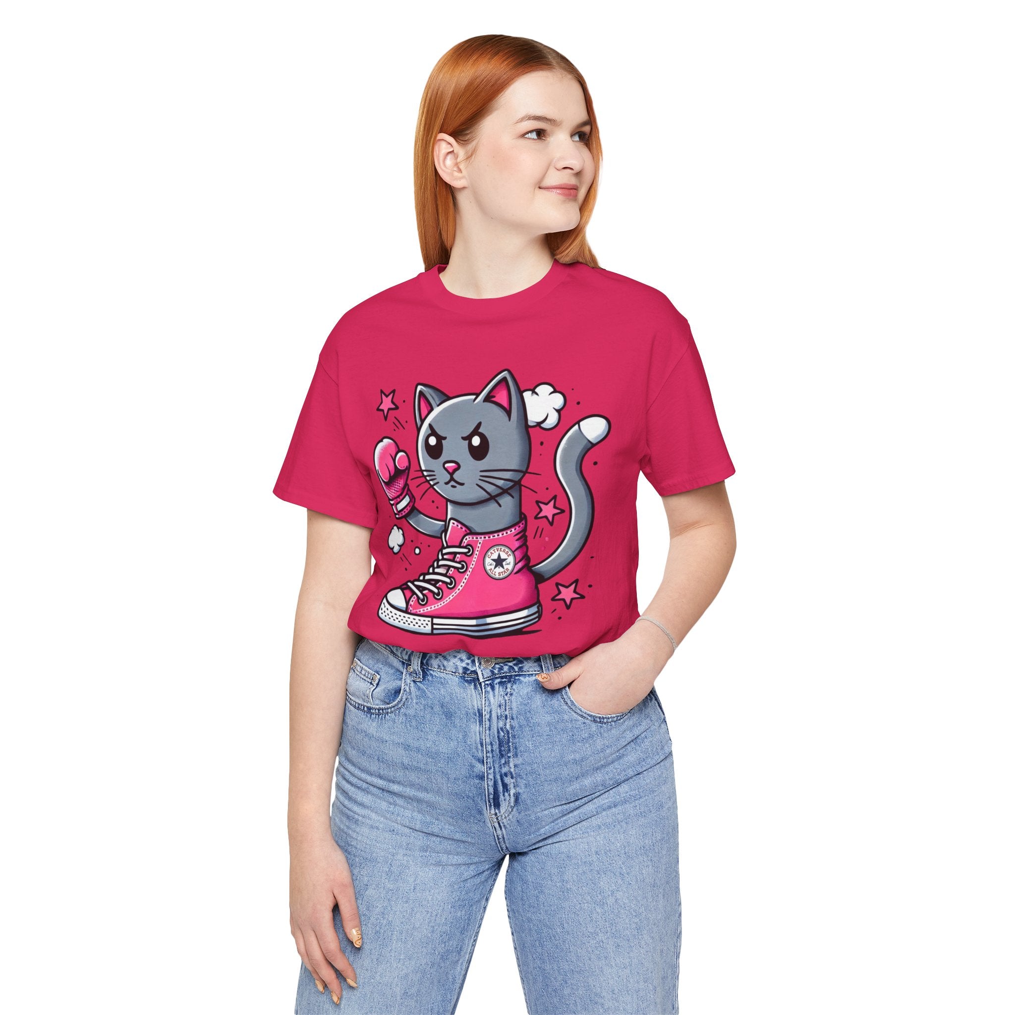 female model wearing fuchsia pink Catverse t shirt, funny t shirt for women, cat themed design