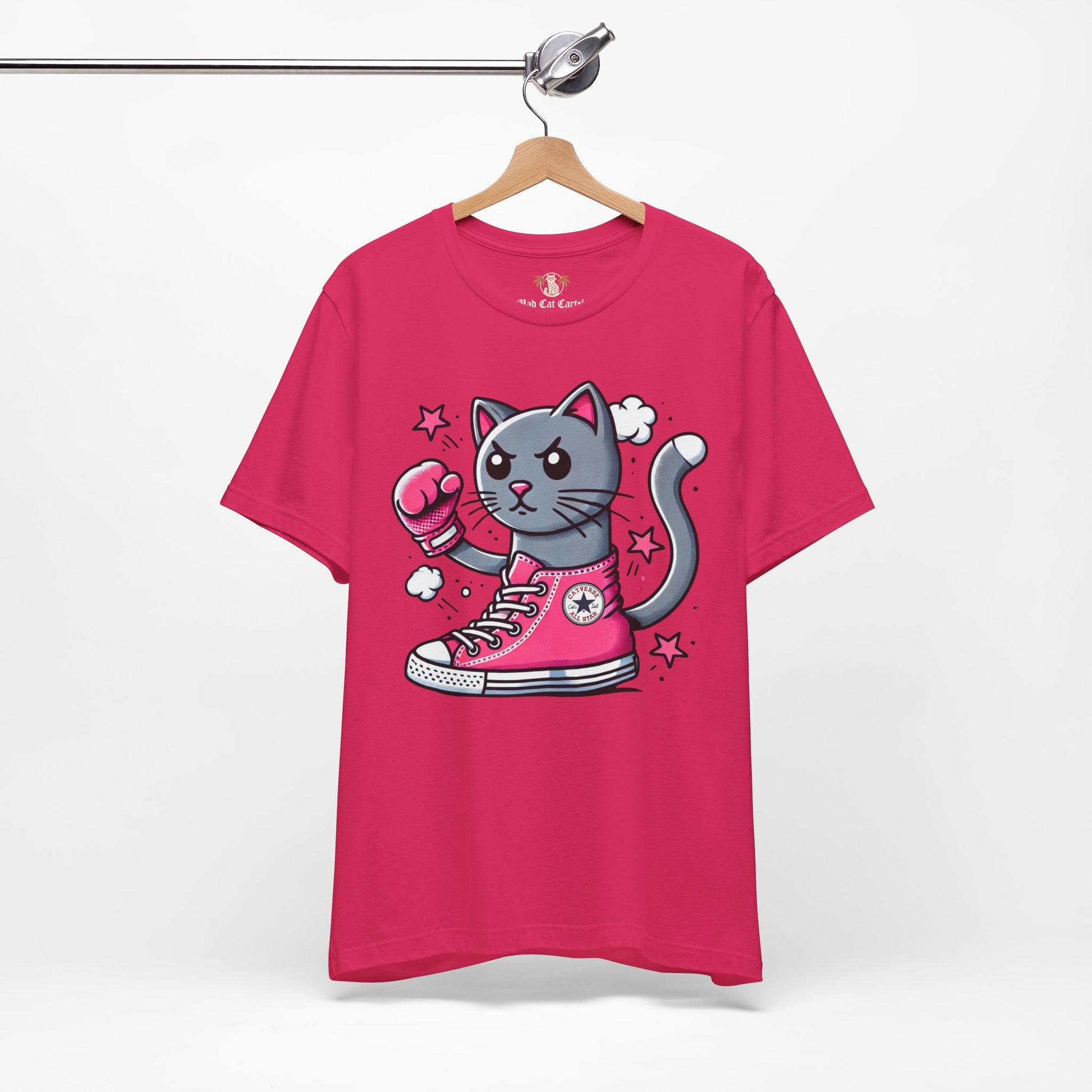 fuchsia pink Catverse t shirt on hanger, front angle, parody tee for cat lovers