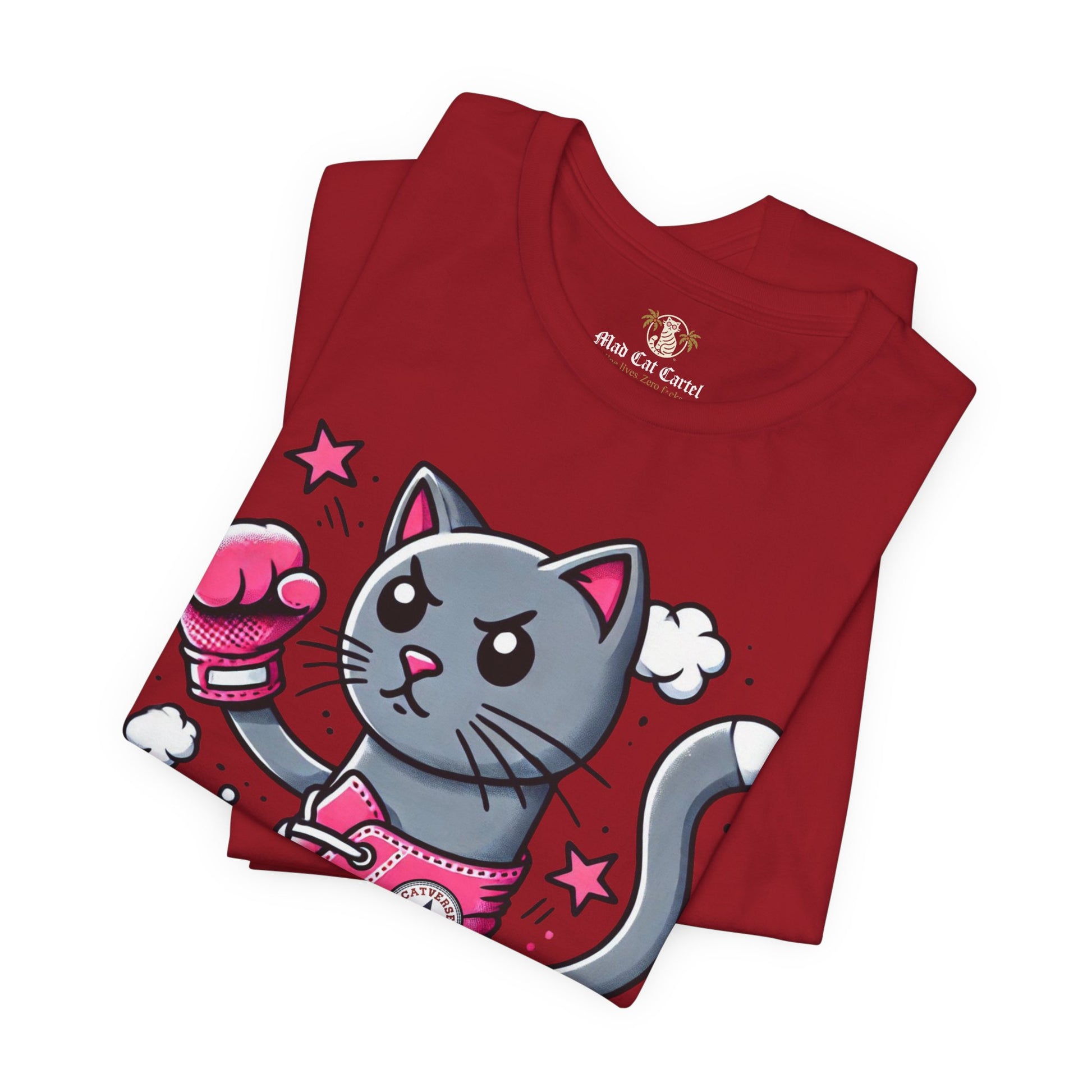 folded canvas red Catverse t shirts, close up cat design, cotton parody tee