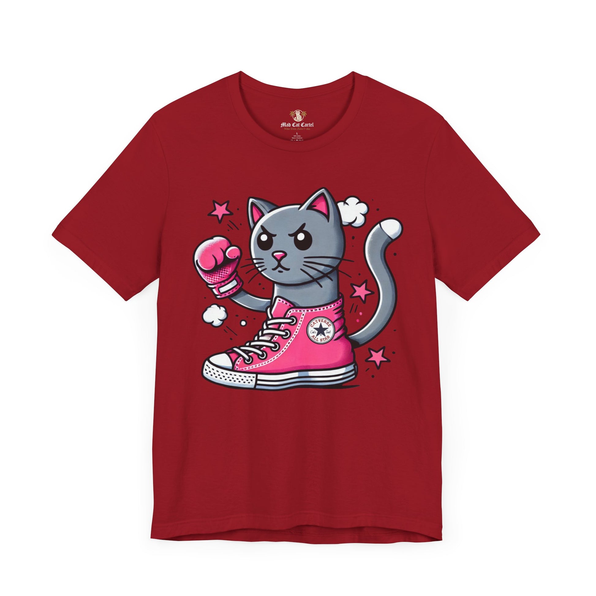 canvas red Catverse t shirt front view, funny cat lovers tee, cotton graphic print