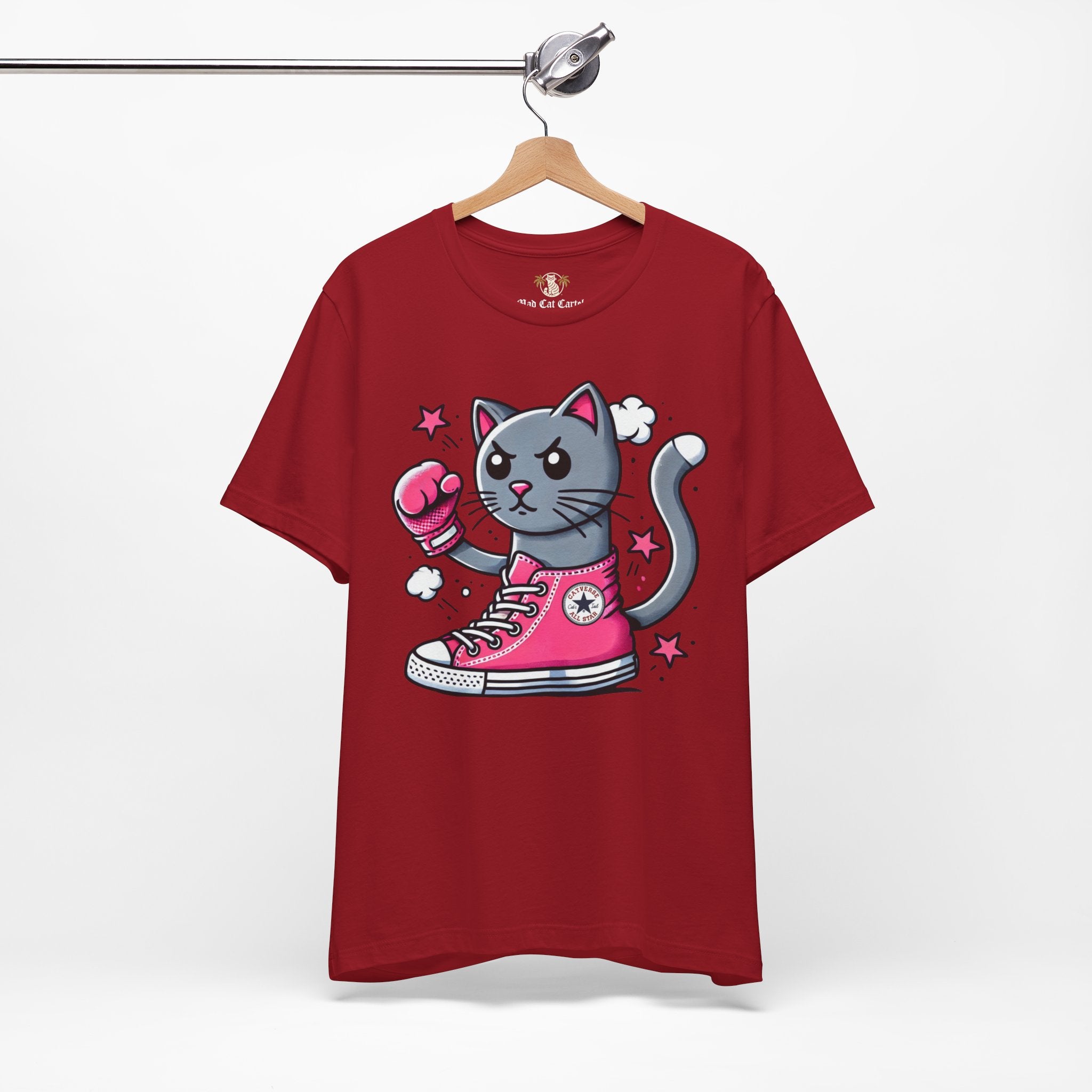 canvas red Catverse t shirt on hanger, front angle, parody cat lovers tee