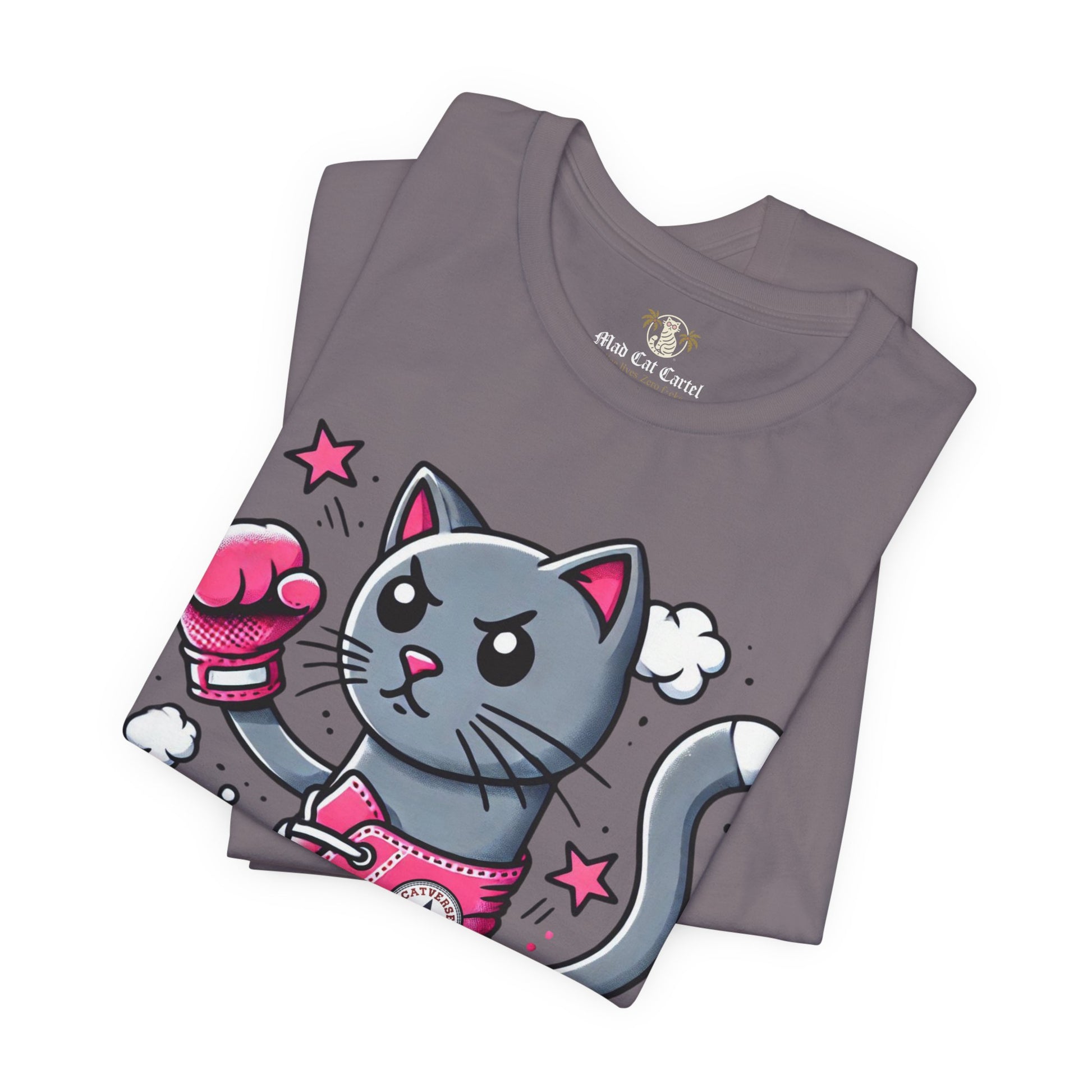 folded storm gray Catverse t shirts, close up cat graphic, cotton parody tee for cat lovers