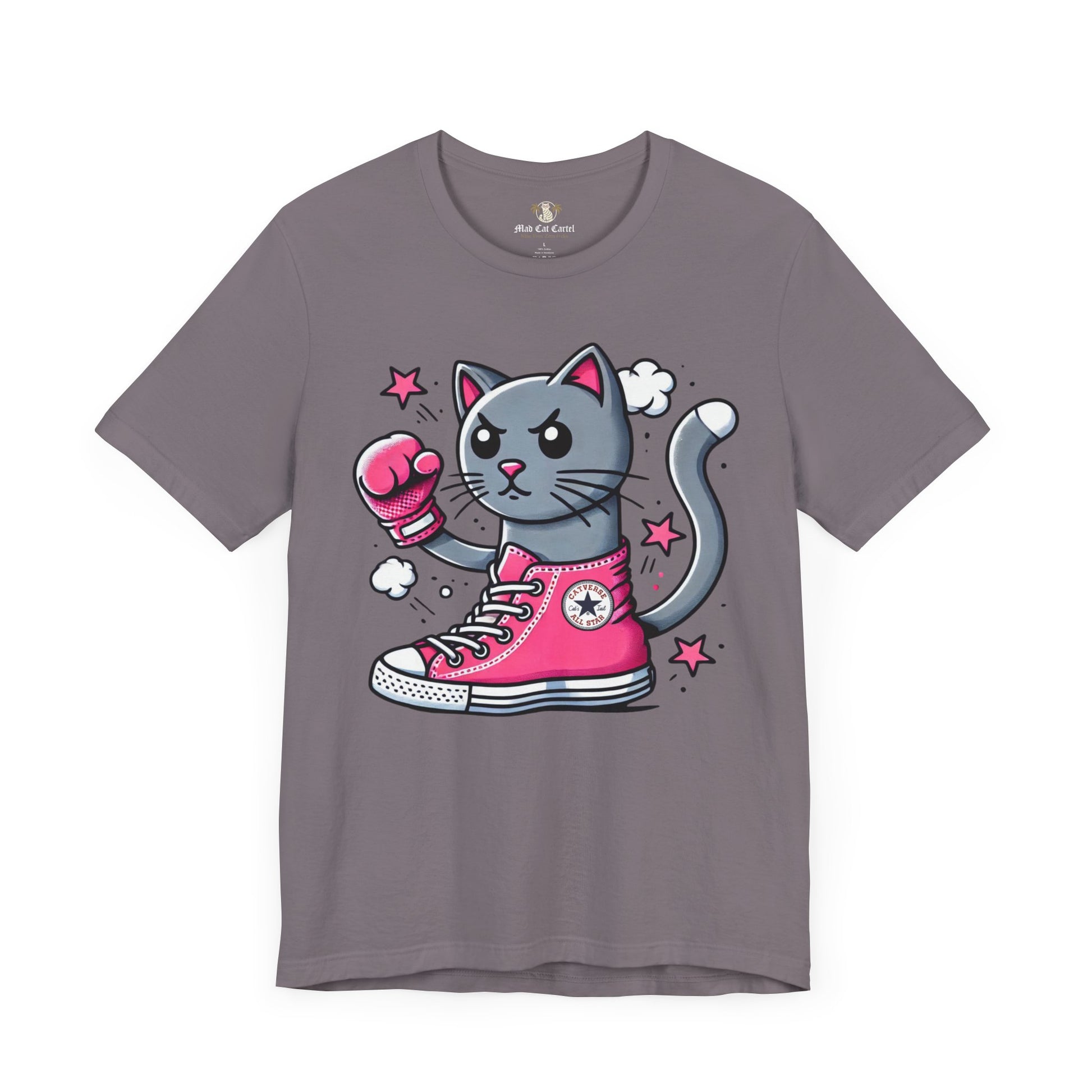 storm gray Catverse t shirt front flat view, parody tee for cat lovers, soft cotton fabric