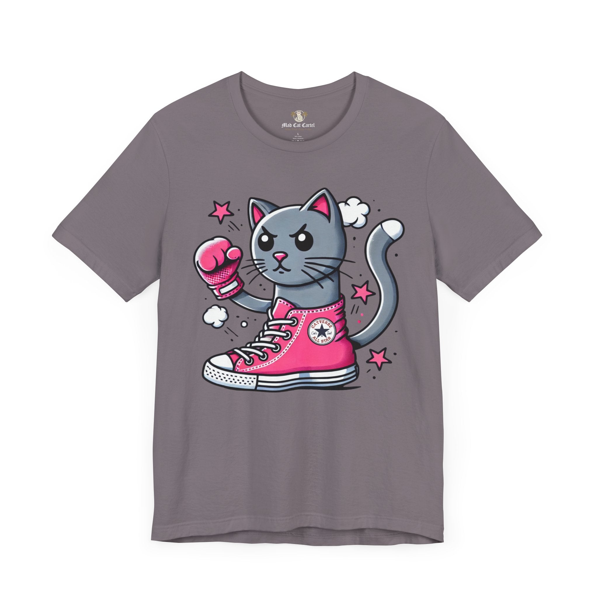storm gray Catverse t shirt front flat view, parody tee for cat lovers, soft cotton fabric