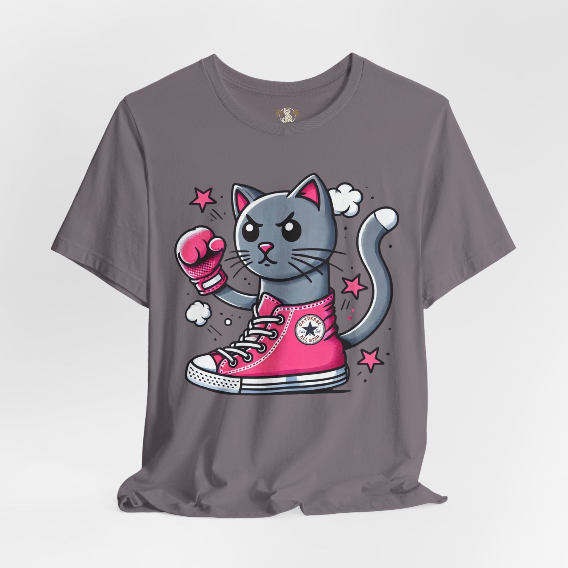 storm gray Catverse t shirt, funny cat t shirt for men and women, front view, studio photo
