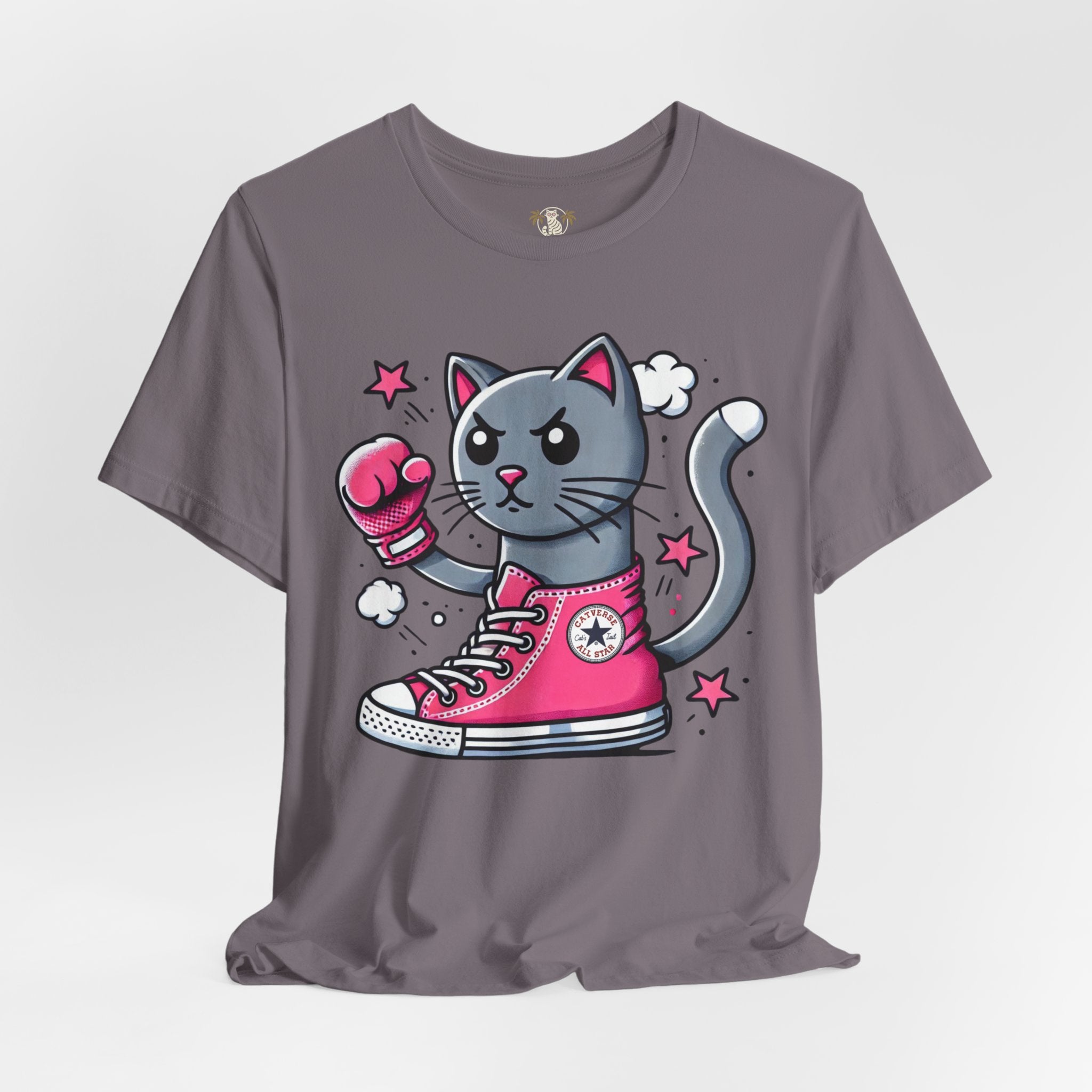 storm gray Catverse t shirt, funny cat t shirt for men and women, front view, studio photo