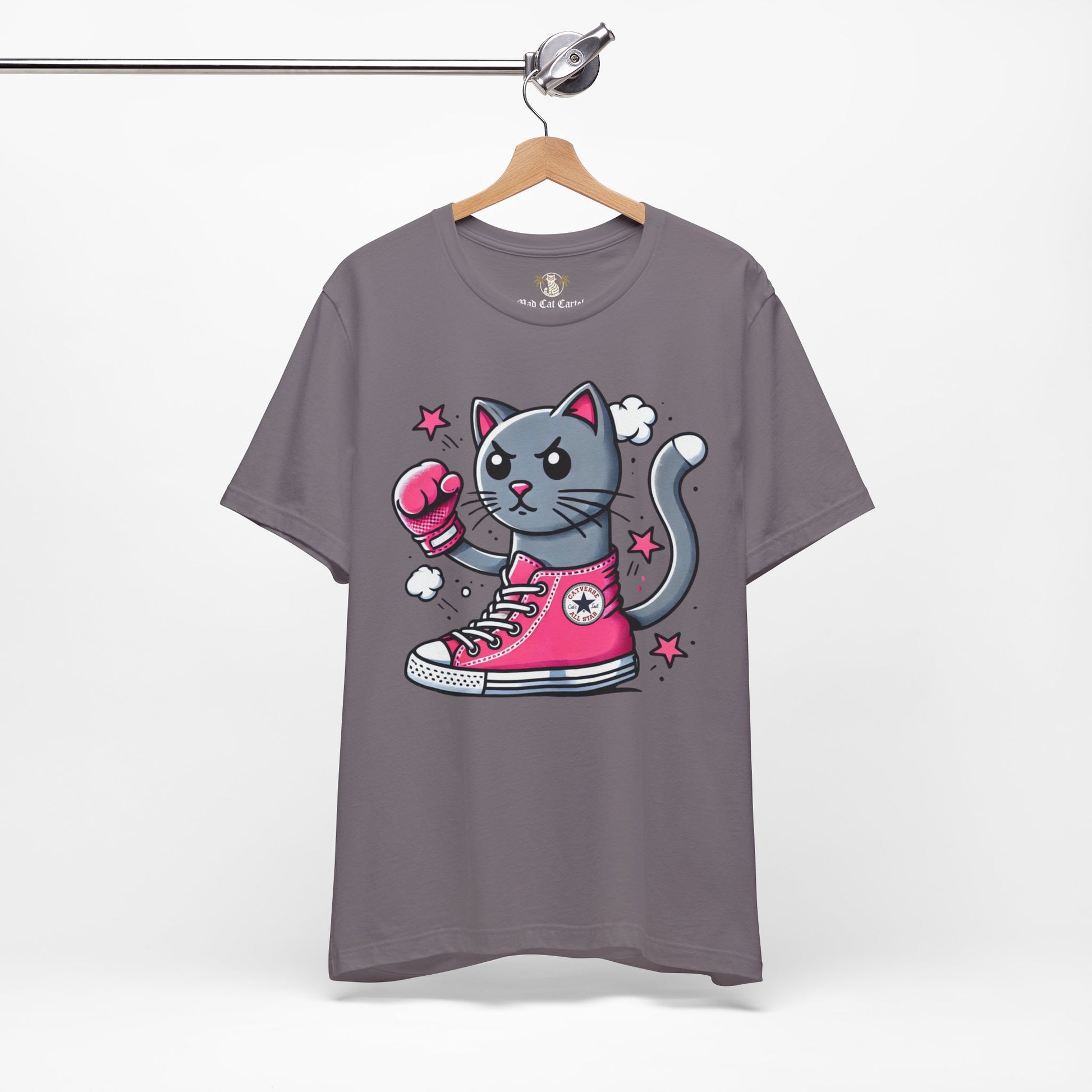 storm gray Catverse t shirt on hanger, parody cat t shirt for men and women
