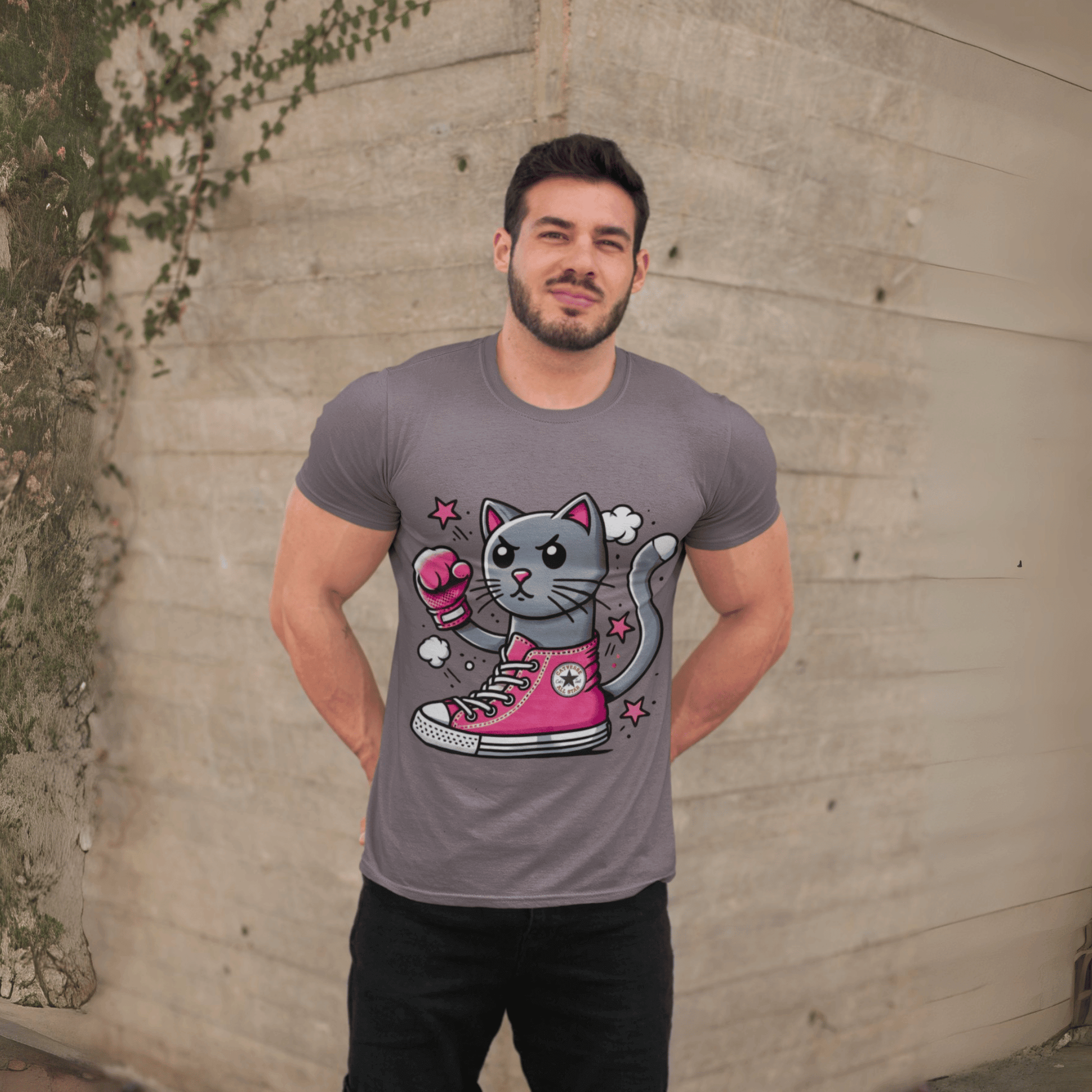 male model wearing storm gray Catverse t shirt, parody cat lovers tee, casual cotton fit