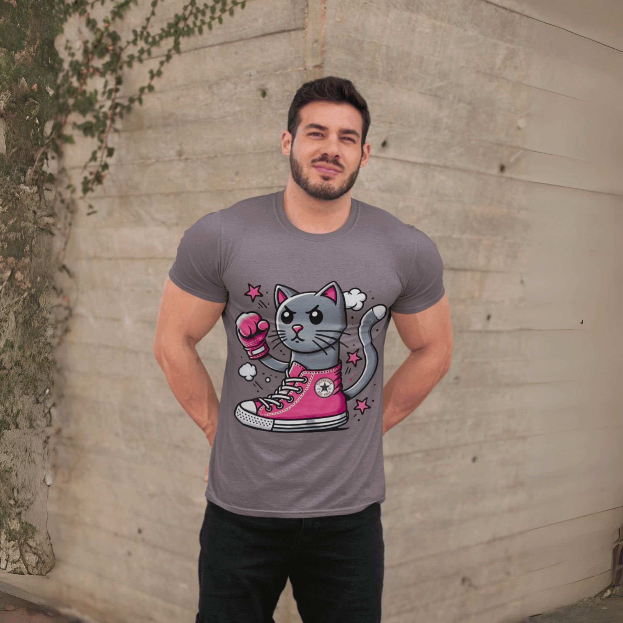 male model wearing storm gray Catverse t shirt, parody cat lovers tee, casual cotton fit
