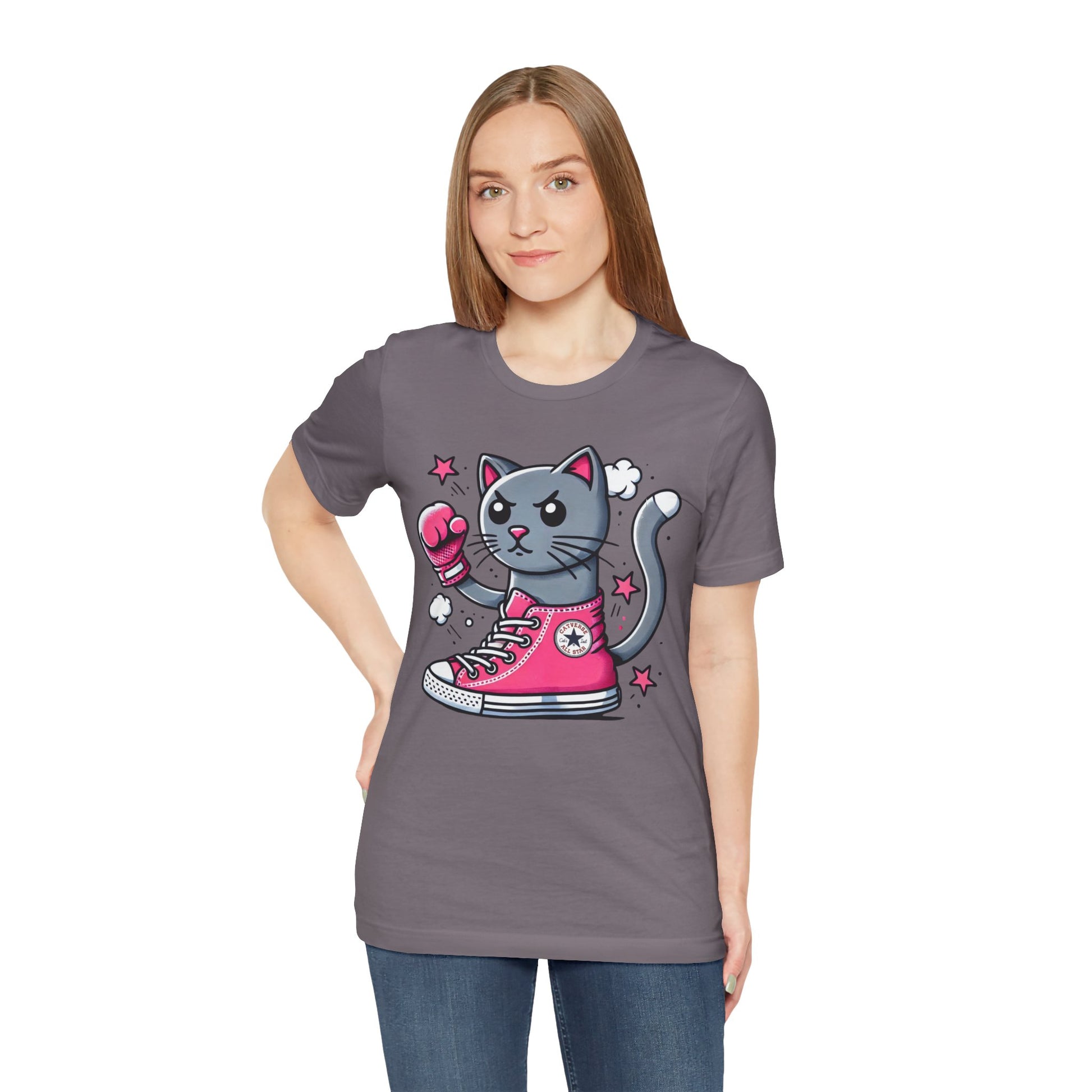 female model wearing storm gray Catverse t shirt, cat graphic parody tee for women