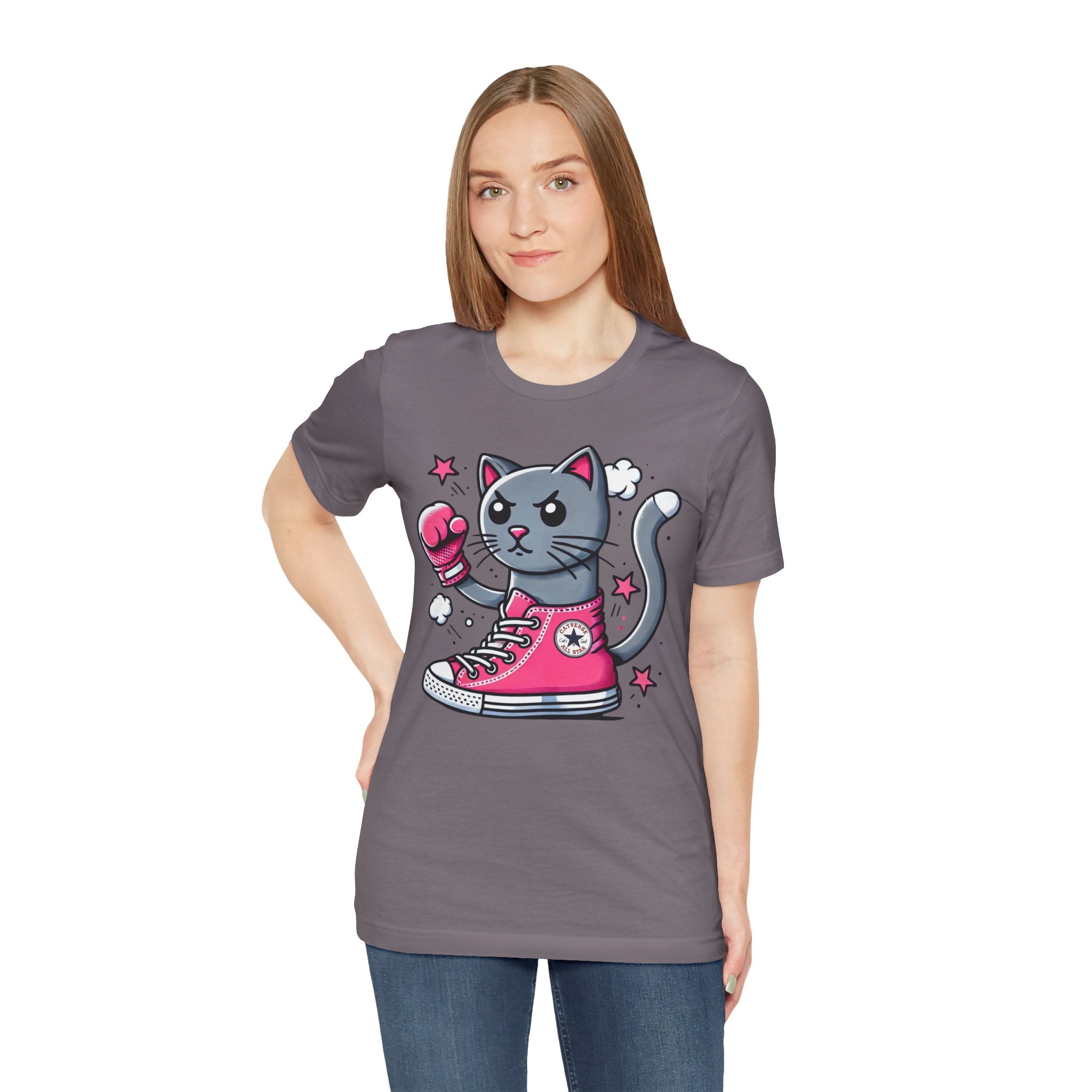 female model wearing storm gray Catverse t shirt, cat graphic parody tee for women