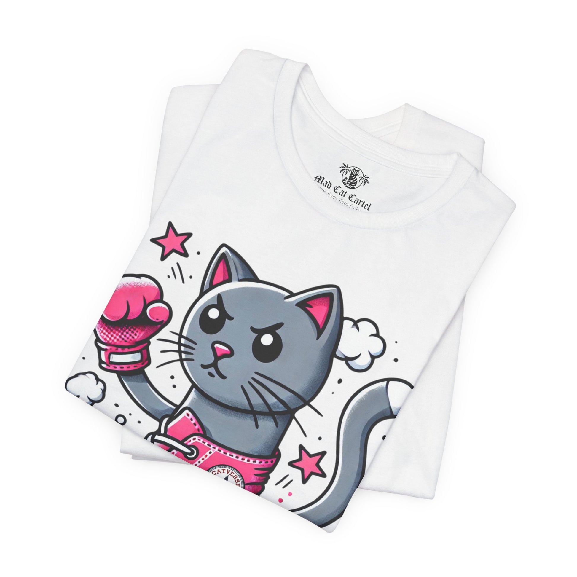 folded white Catverse t shirts, close up cat graphic, cotton parody tee for cat lovers