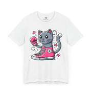 Catverse knockout cat graphic parody t shirt for cat lovers, solid white blend front view, funny cat tee