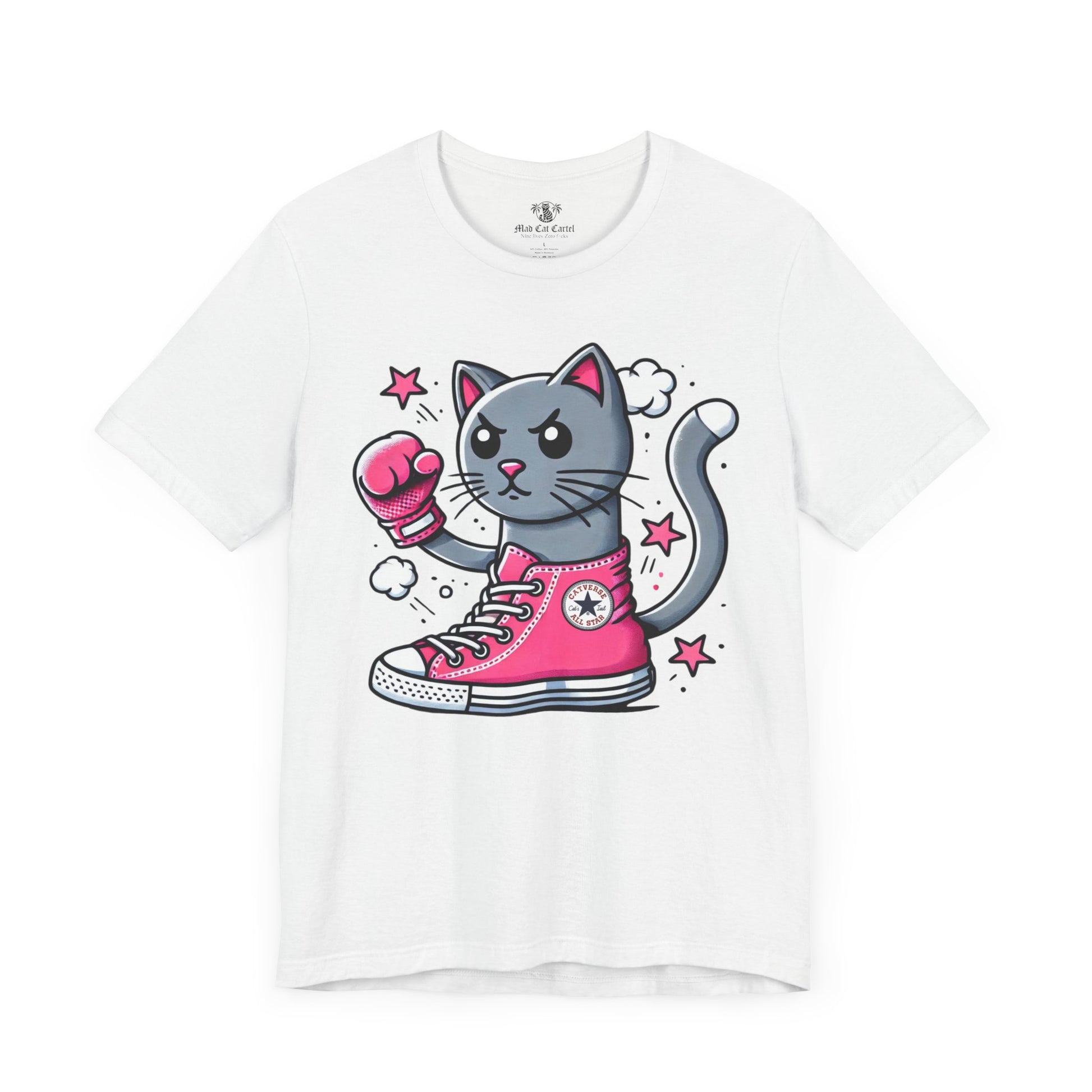 Catverse knockout cat graphic parody t shirt for cat lovers, solid white blend front view, funny cat tee