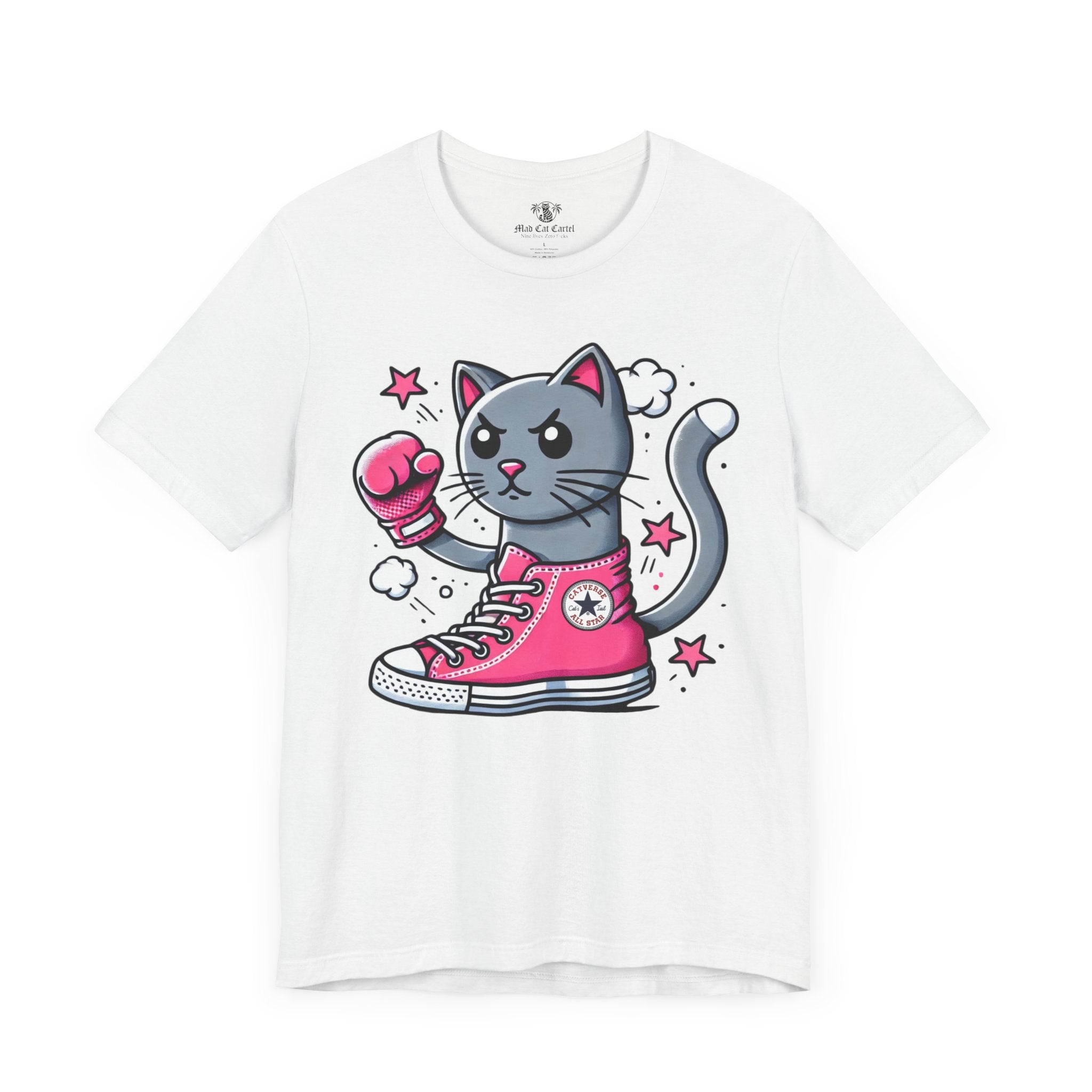 Catverse knockout cat graphic parody t shirt for cat lovers, solid white blend front view, funny cat tee