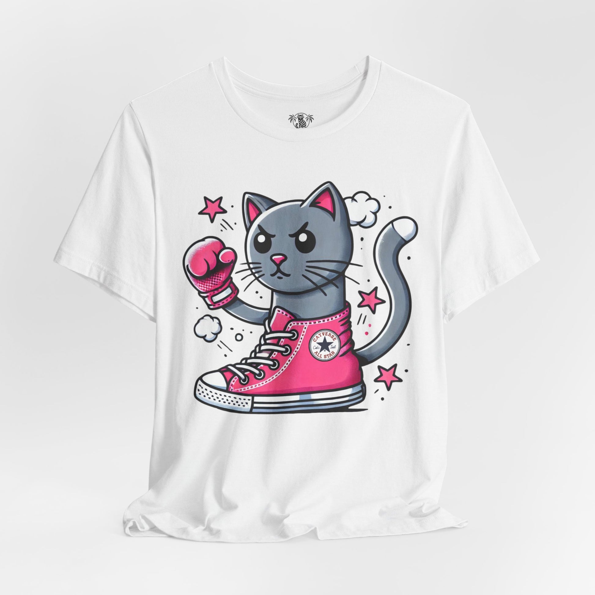 white Catverse t shirt studio photo, relaxed cotton fit, parody tee for cat lovers