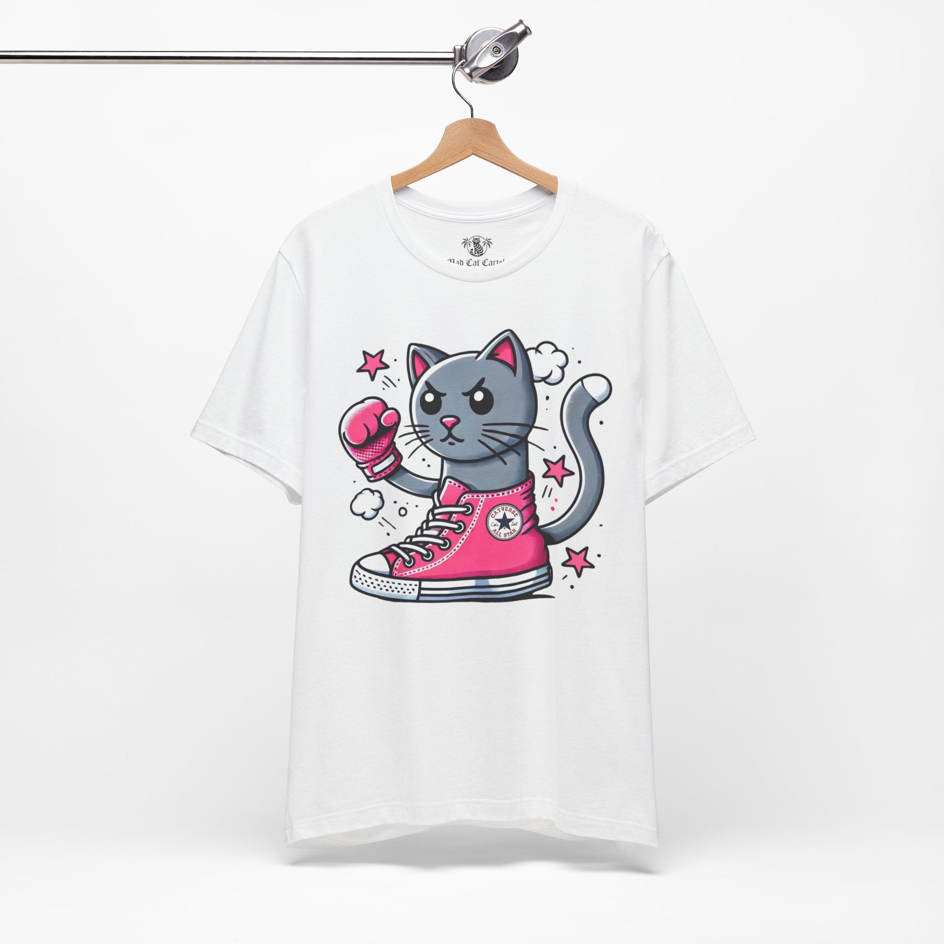 white Catverse t shirt on hanger, front angle, funny cat t shirt for men