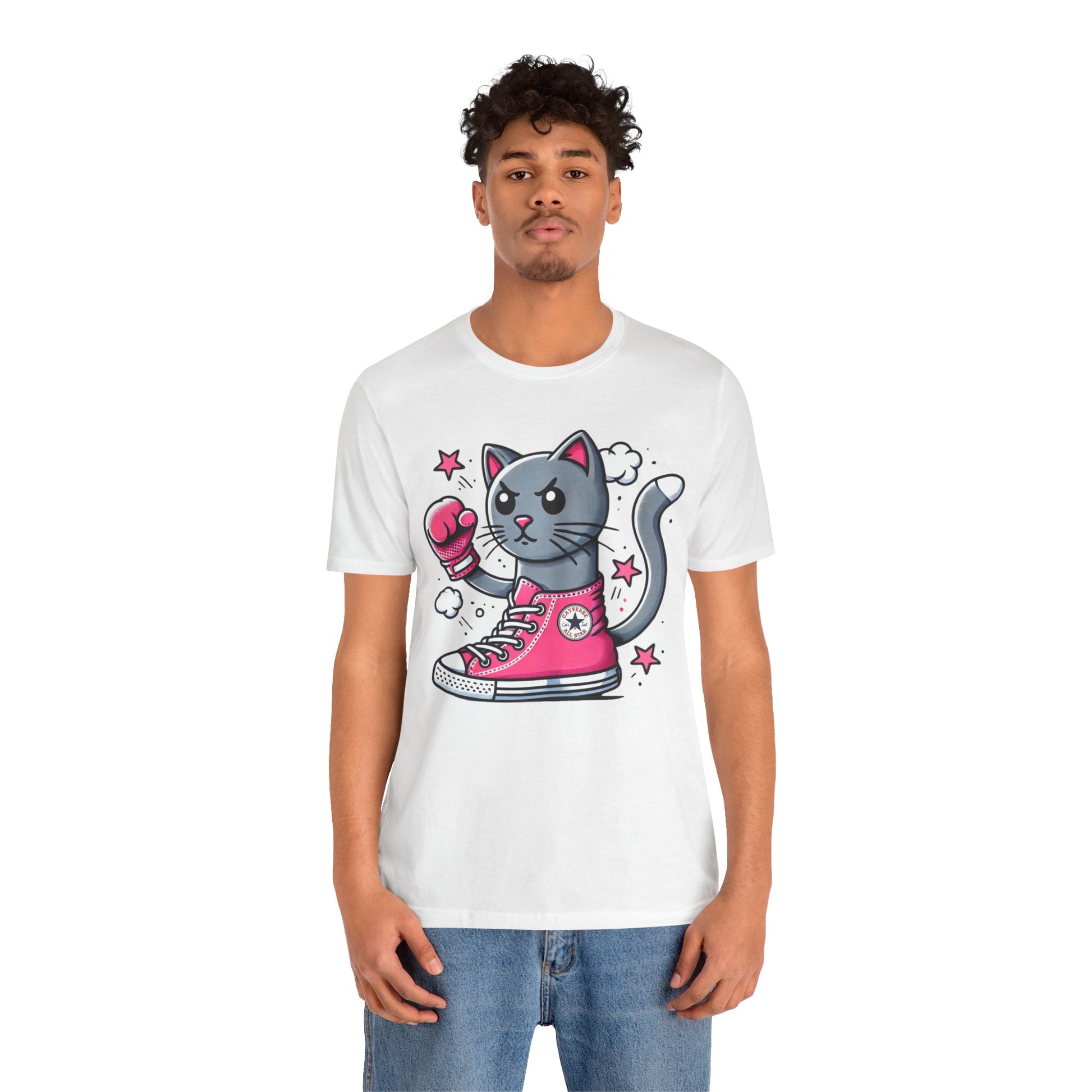 male model wearing white Catverse t shirt, funny cat tee for men