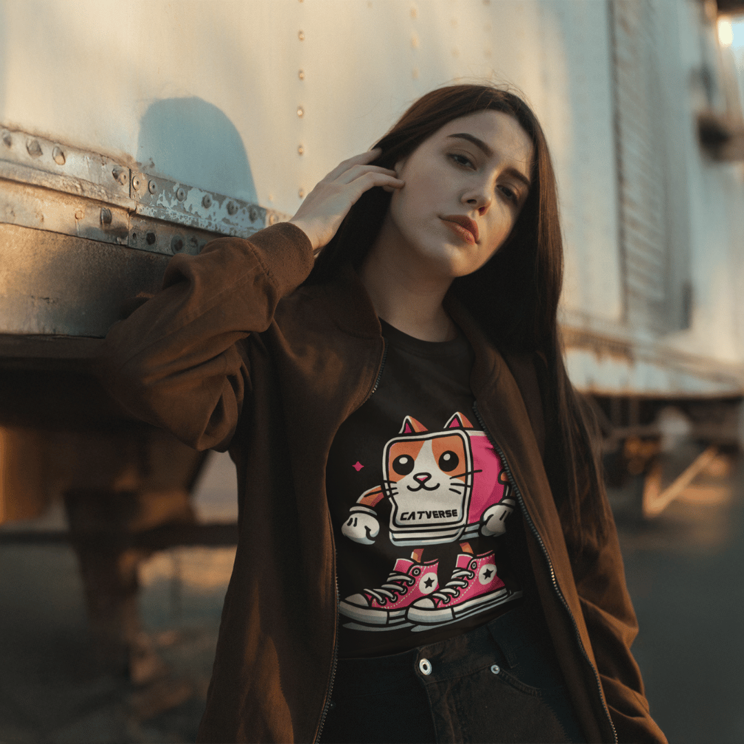Catverse Pinkbot Cat Graphic Women's T-Shirt in black, worn by a female model