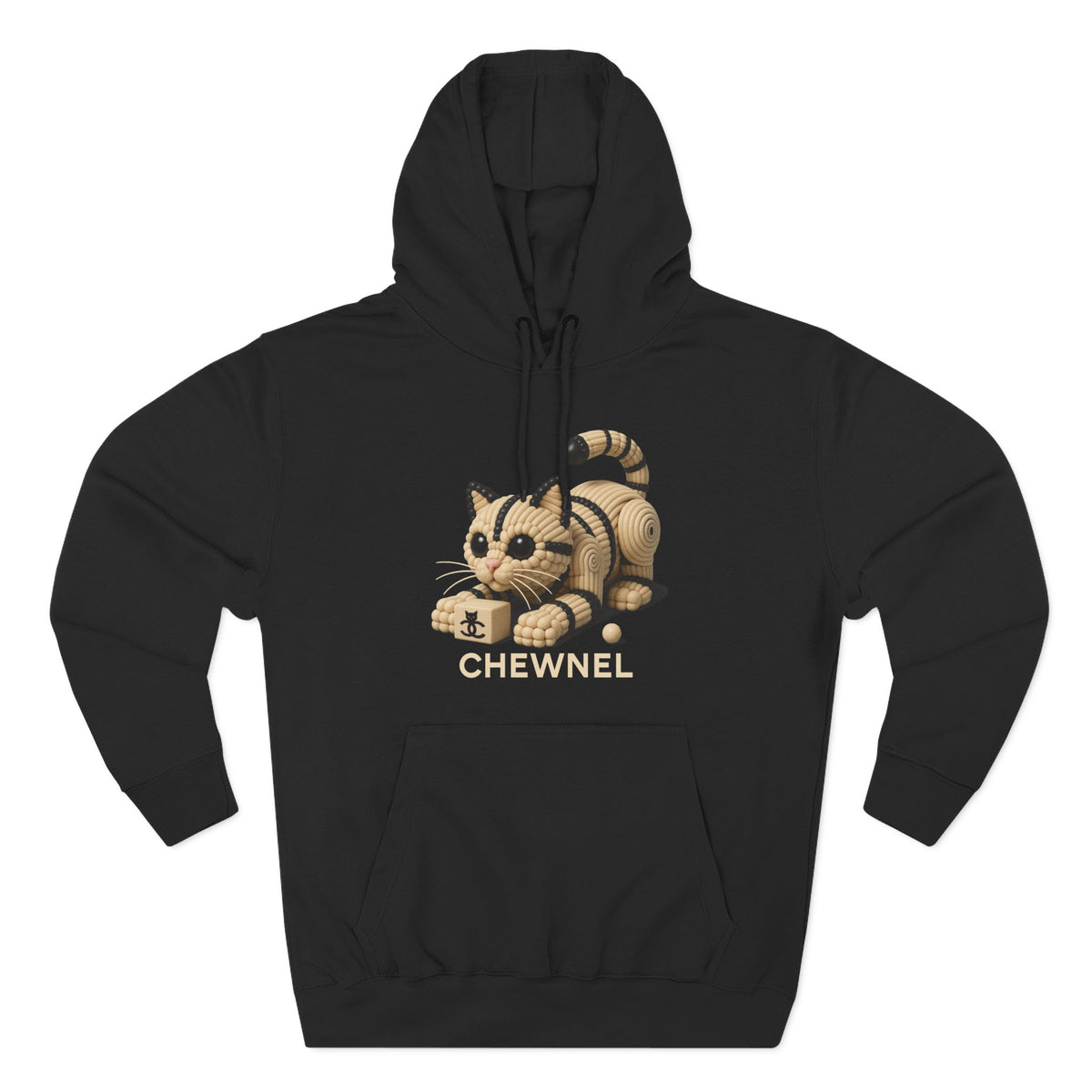 Chewnel Luxury In Pieces Cat Graphic Hoodie in black, front view