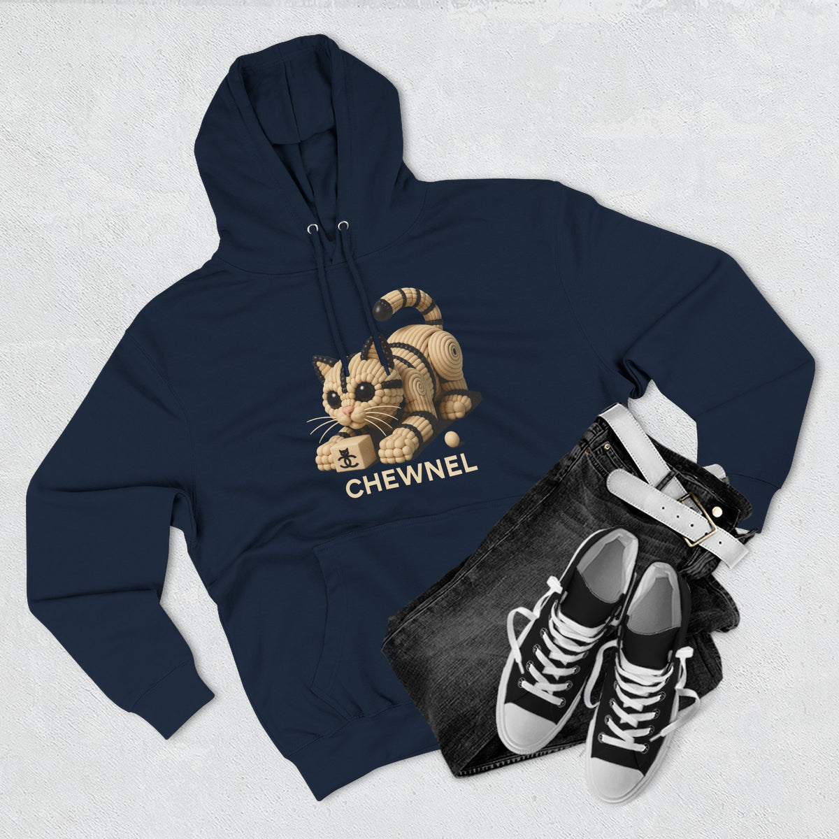 Chewnel Luxury In Pieces Cat Graphic Hoodie in navy, flat lay