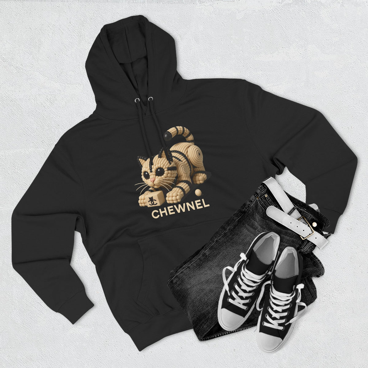 Chewnel Luxury In Pieces Cat Graphic Hoodie in navy, flat lay