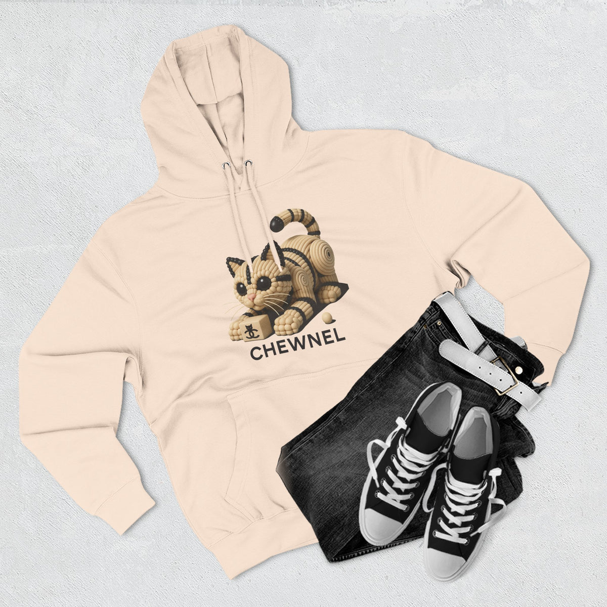 Chewnel Luxury In Pieces Cat Graphic Hoodie in pale pink, flat lay