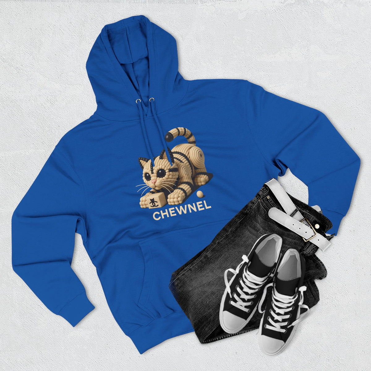 Chewnel Luxury In Pieces Cat Graphic Hoodie in royal blue, flat lay