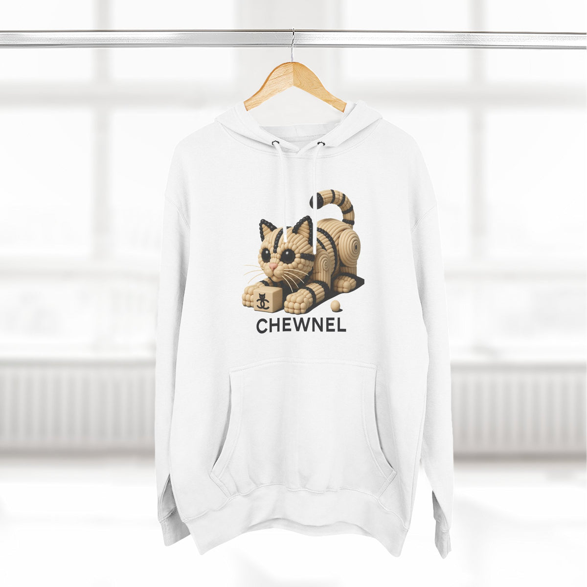 Chewnel Luxury In Pieces Cat Graphic Hoodie in white, on a hanger