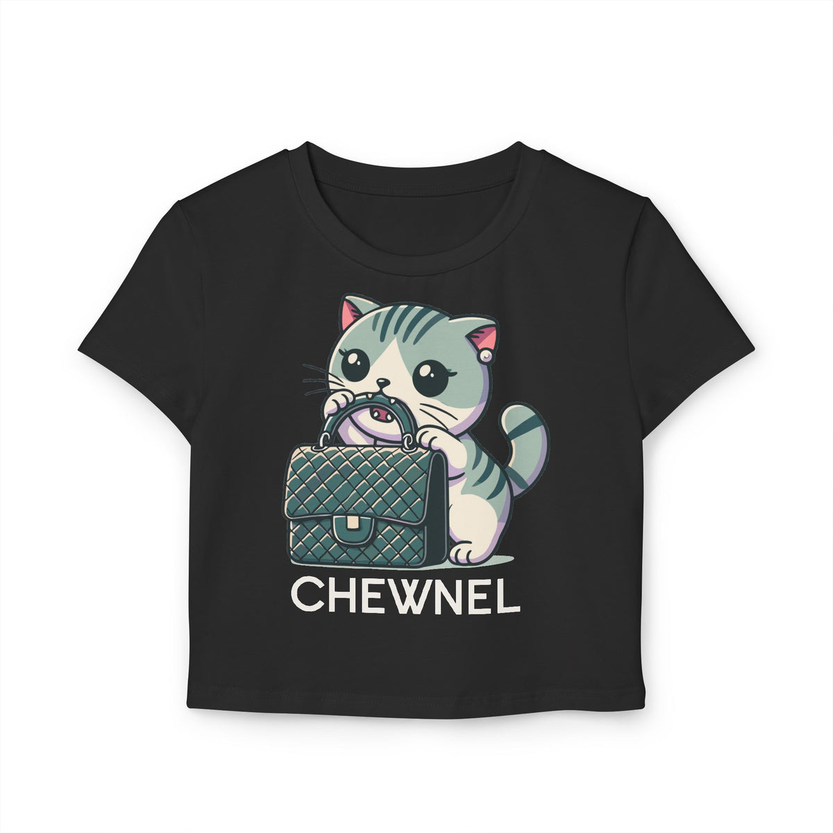 Chewnel Purse Snatcher Cat Graphic Baby Tee in black, flat lay